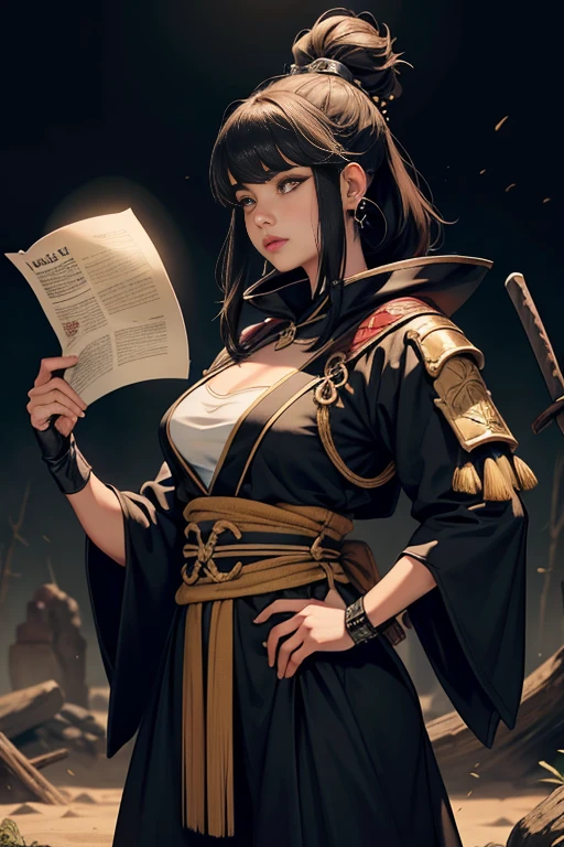 Obra de arte, 最high quality, alta qualidade, Papel de parede 8K altamente detalhado、（mundo exclusivo、destroyed world、Areas with strong agitation）、samurai、segurando uma espada、cena de batalha、（Uma garota、Little sister、Hasaha、cabelo preto、orelhas de raposa、cauda de raposa、quimono、sobrancelhas arredondadas acima das sobrancelhas）