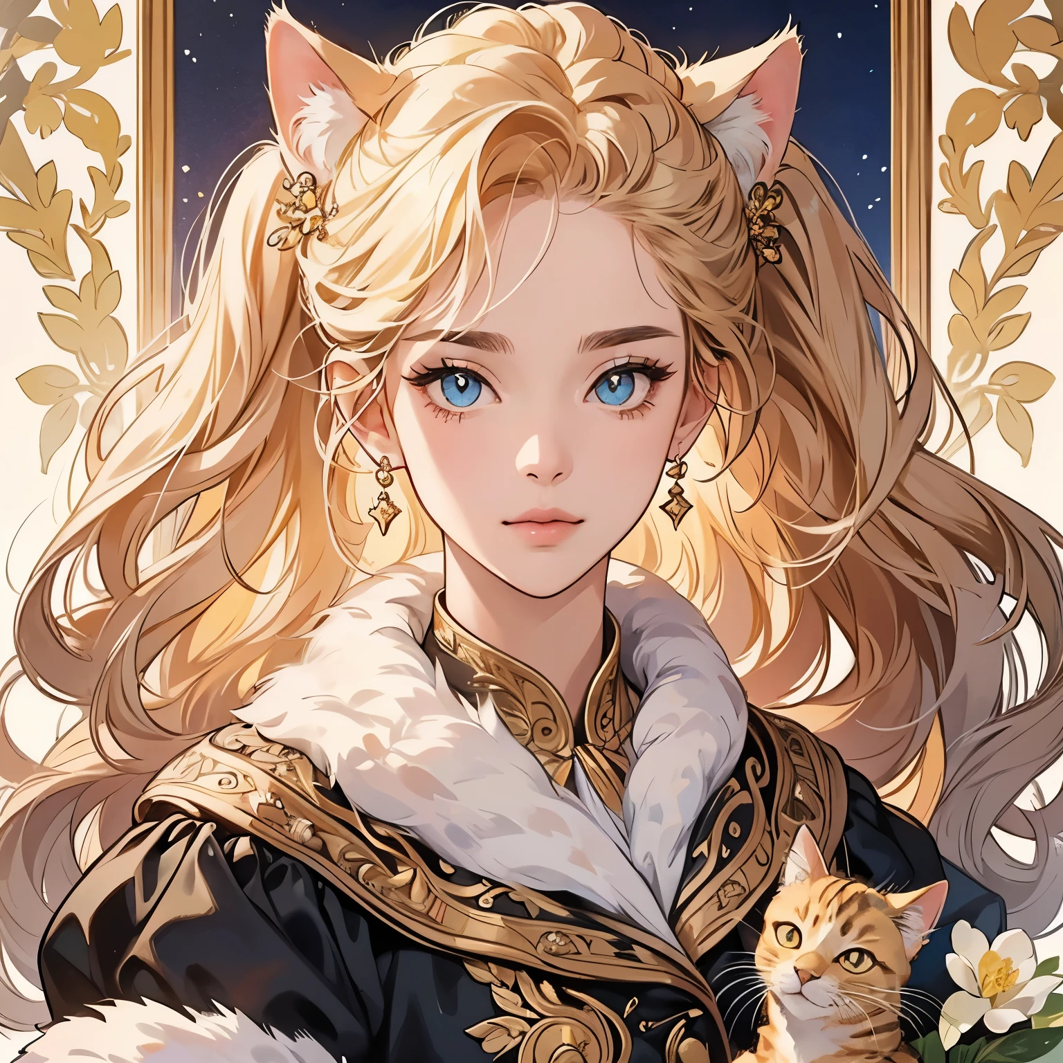 Best quality, 1 cat, logo, background white only, emblem, 14k, intricate and detailed, frame,  (((1 woman and cat))), detailed fur, sparkling eyes, corporate logo, golden, panoramic, long shot, front, flowers, Upper body, looking at viewer,  beautiful goddess, Very detailed hair, Top Quality