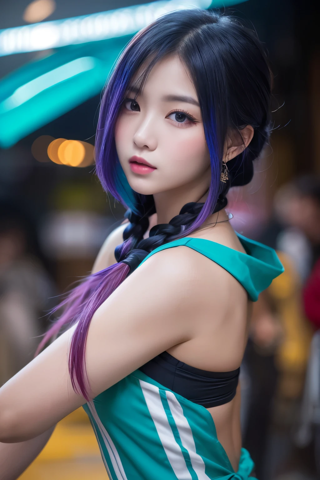 high quality, High resolution, masterpiece, completion, detailed.impressive, Cutting-edge female photography portraits, Showcasing a bold and daring street-art style. Facing forward、low angle, full body、Overbearing expression、Looking down、cyan, and purple, Her vibrant makeup really catches the eye.. Her colorful hair is tied up high, The contrast with the modern chain top is striking., Blue and pink hues in harmony. 背景には蛍光クロムイエローand purpleの魅惑的なグラデーションが施されています, Blends seamlessly with the dynamic colors of your subject. This powerful combination of hyper-detailed realism and artistic expression creates a vivid, An unforgettable image