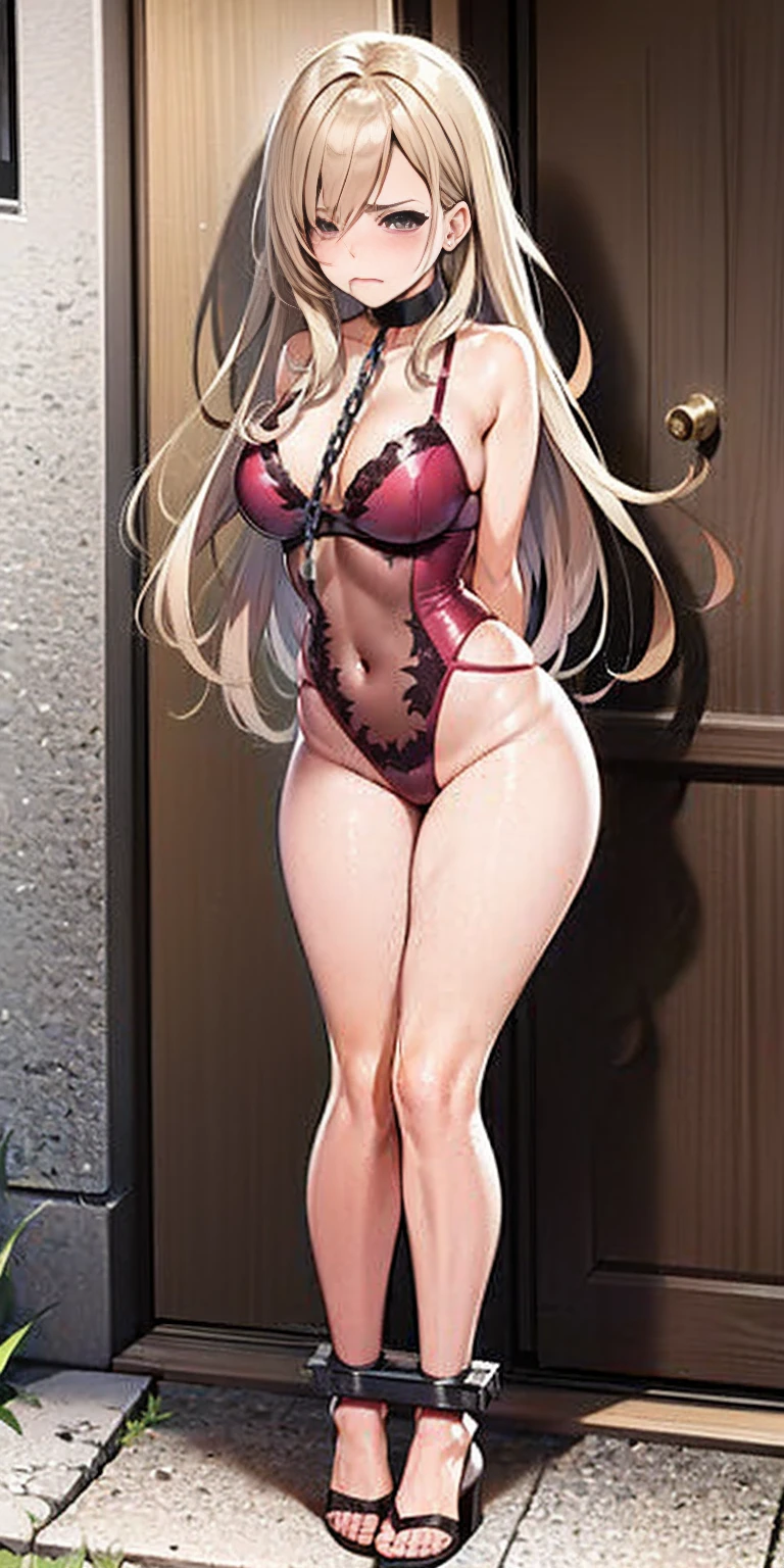 (masterpiece, best quality), intricate details, 1girl, 1girl in, age19, Solo, Long hair, Colossal, Looking at Viewer, blond hair, Alexis Texas (standing full body toe to head by wooden pole:1.2) iron collar, arms behind back, iron cuffs, shackles, bound, bondage outfit, harness, o-ring, bondage outfit blindfolded, happy red cheeks, chain leash collar choker neck bell shackles wristbands bracers bracelets, cleave gag, sad face, red cheeks, cryings tears, painful (she was sold and betrayed by her own family)