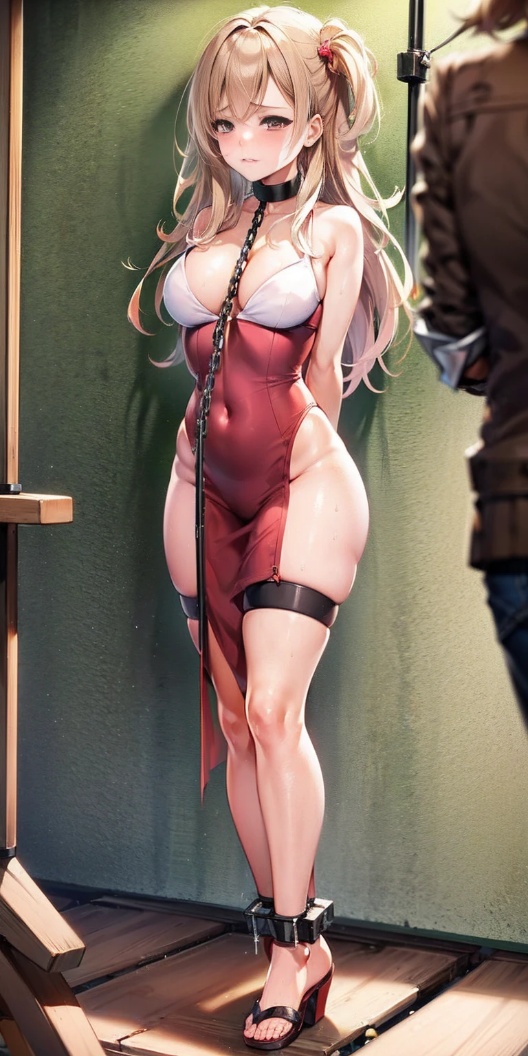 (masterpiece, best quality), intricate details, 1girl, 1girl in, 19, Solo, Long hair, Colossal, Looking at Viewer, blond hair, Alexis Texas (standing full body toe to head by wooden pole:1.2) iron collar, arms behind back, iron cuffs, shackles, bound, bondage outfit, harness, o-ring, bondage outfit blindfolded, happy red cheeks, chain leash collar choker neck bell shackles wristbands bracers bracelets, cleave gag, sad face, red cheeks, cryings tears, painful (she was sold and betrayed by her own family)