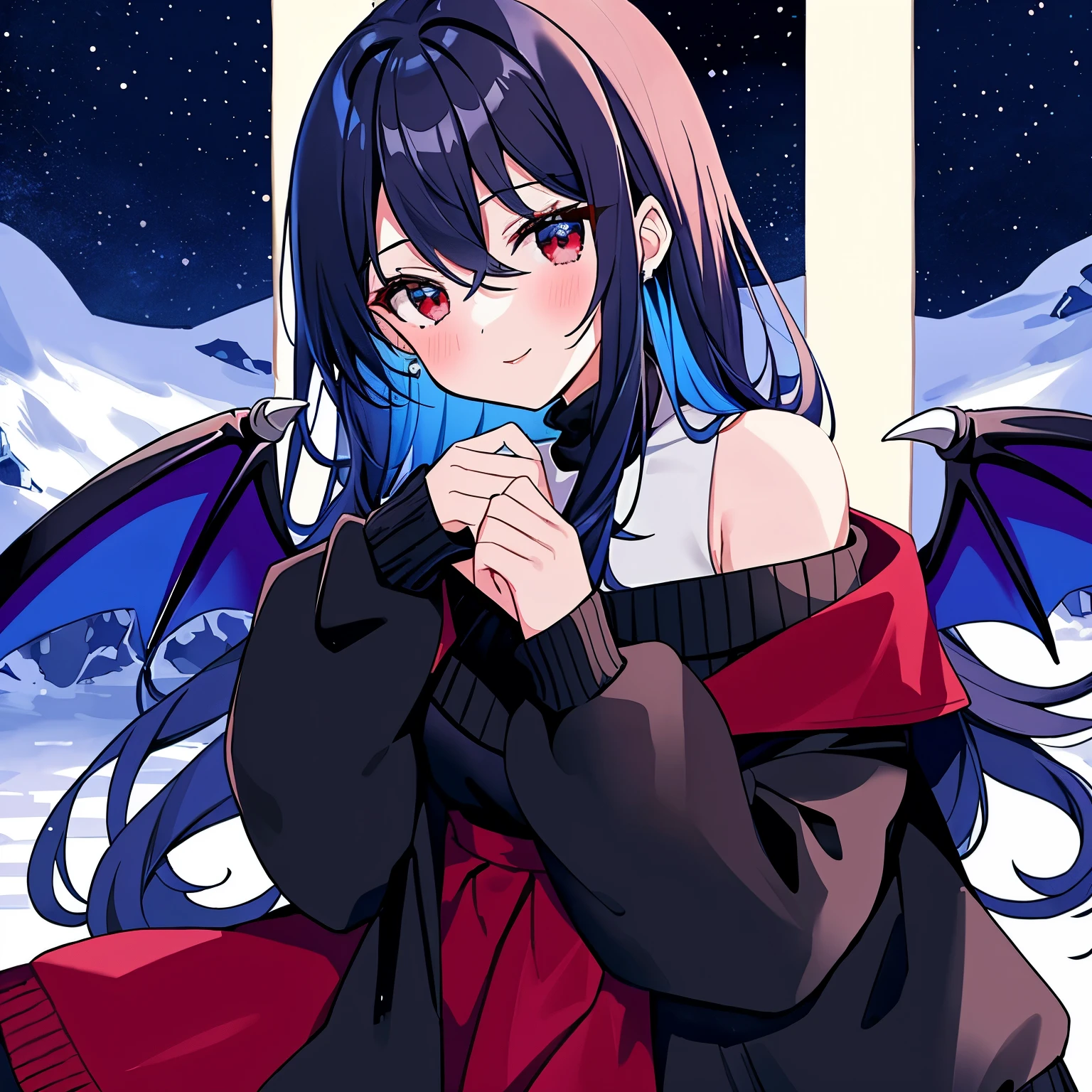 ((best quality)), ((masterpiece)), (detailed), 1girl, off-shoulder black sweater, cobalt blue hair, red eyes, vampire, blue jacket, black and blue wings, nighttime, blue moonlight, snowy night