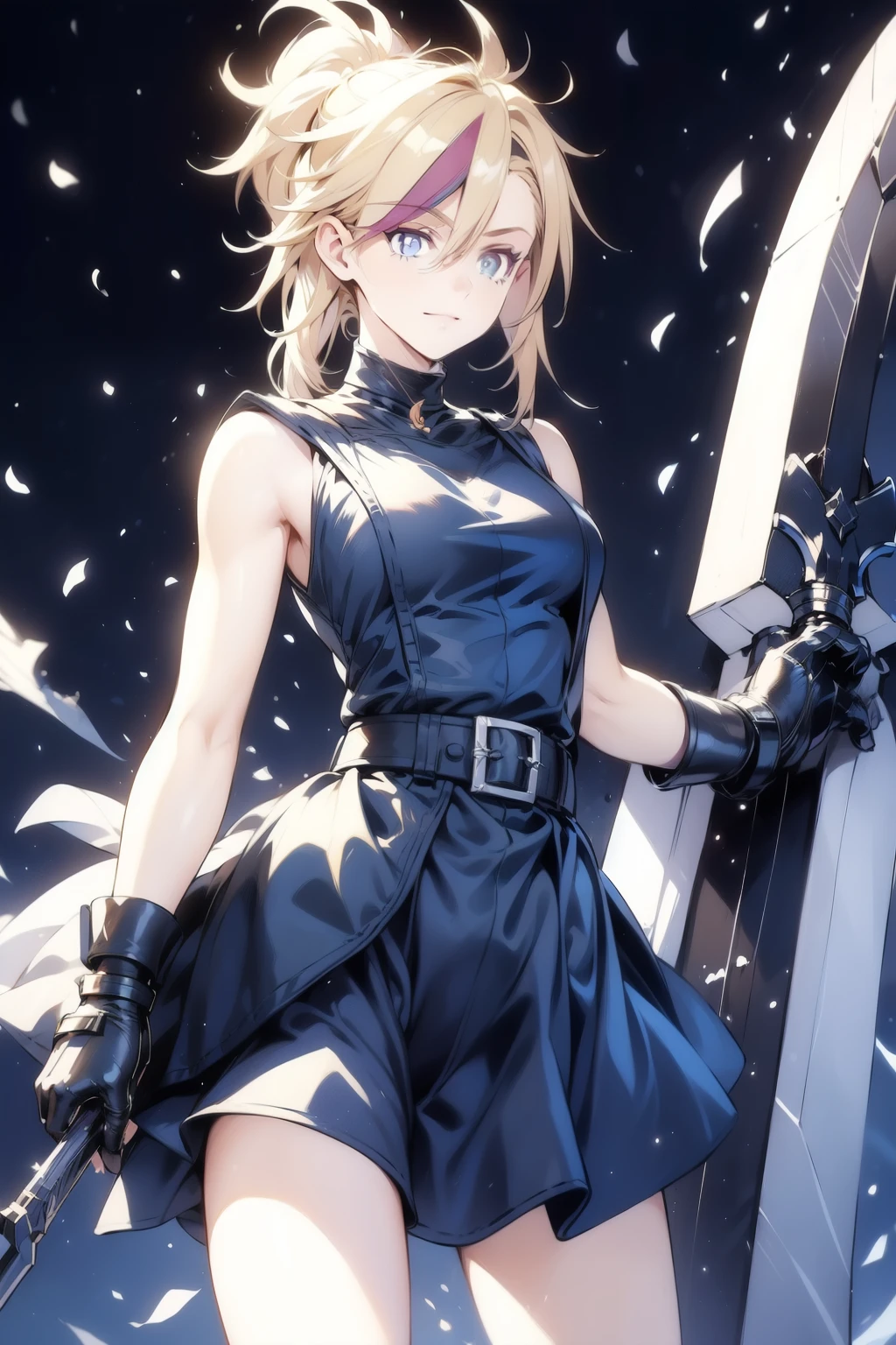 (masterpiece, best quality:1.2), Blue  glowing eyes, perfect face, highres, 1 girl, solo, ultra long ponytail, (female:1.5), strife, blonde hair, shoulder armor, sleeveless turtleneck, suspenders, belt, gloves, bracer, evil smile, standing, portrait, looking at viewer, giant sword on the back