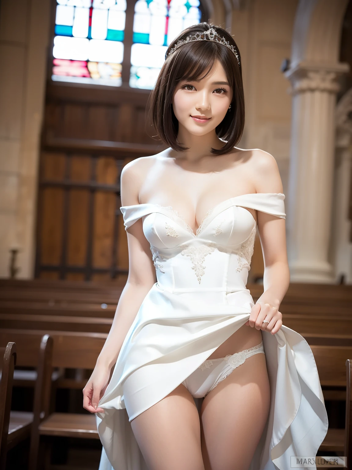 (Best quality: 1.5), (Realistic: 1.5), (1 person: 1.5), full body, Highly detailed, High resolution, 8k, Natural colored lips, Cute smile, Japanese woman, 20-year-old girl, beautiful and elegant features, perfect and beautiful face, large eyes with good balance between the left and right sides, brunette eyes, beautiful and elegant features, beautiful double eyelids, beautiful thin nose, beautiful skin, fair skin, (medium bob hair), natural bangs, perfect and beautiful face, slim face and figure, (looks at the camera with a sweet smile), Wearing a luxury bridal tiara, (wearing a white off-shoulder wedding dress), (sexy wedding dress), lace white gloves, bridal veil, (White color micro mini skirt dress), (stand with your legs apart:1.2), (skirtlift:1.2), Hold up the hem of your skirt with your hands, (Sexy Panties:1.2), Medium breasts, Beautiful standing posture, (Beautiful cleavage), There is a large beautiful stained glass window, Cathedral,
