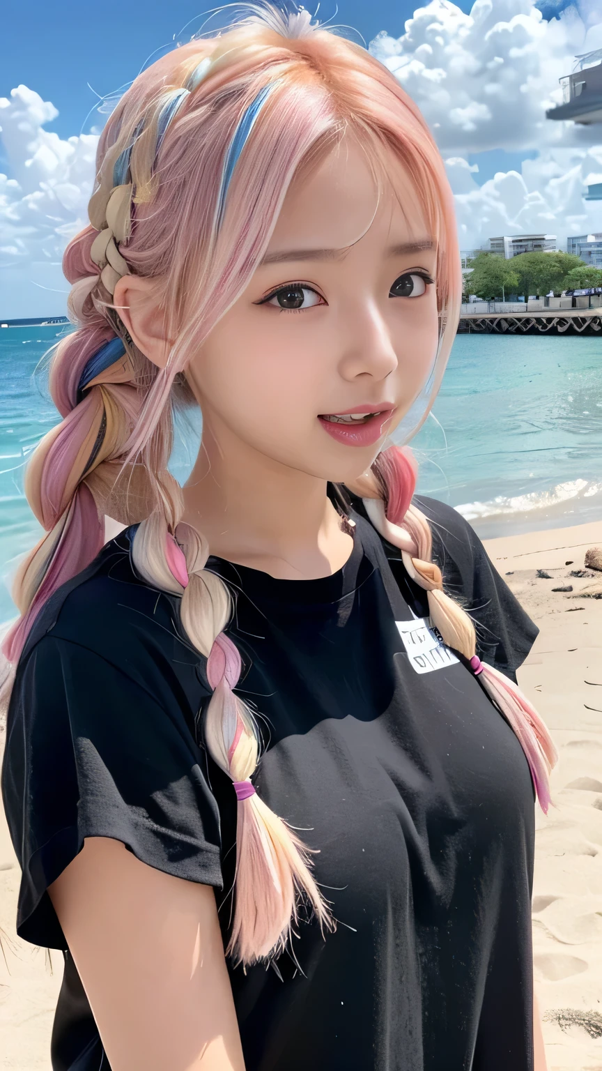 Pale, tanned skin、Sunburn marks on tanned skin、Multicolored Hair、Pink Hair,blonde,Platinum Hair,Brown Hair、A cute 20-year-old girl with a cute look, A strong wind blows my hair in front of my face、beautiful long blonde braided hair、beautiful, Cute eyes hidden by long bangs、Yawn、Double teeth、No visible nasolabial folds、