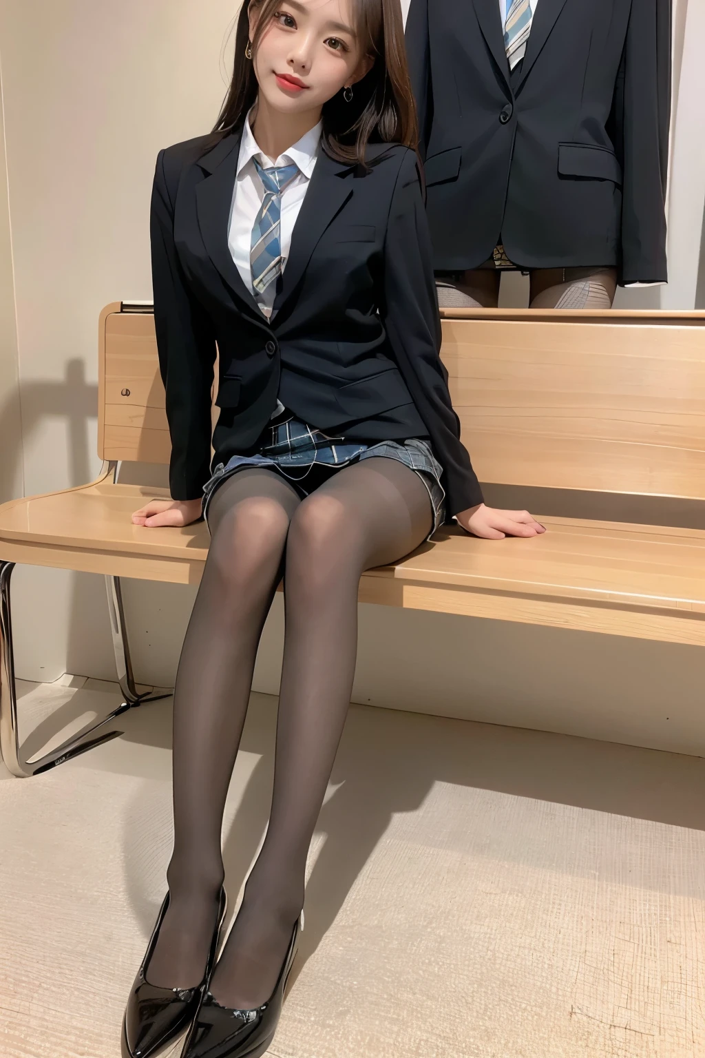 (8k), (highest quality: 1.2), (Realistic), (Realistic: 1.37), Ultra-high resolution, (1 girl), cute, blush,Embarrassed smile, Beautiful details, Beautiful Nose, straight Hair, Giant Dulcefo, pork, Thick thighs,Self Snap,University Uniforms,(A simple black blazer:1.4),(Pleated skirt:1.2),(The skirt and tie are black tartan check pattern.:1.3),(Sitting:1), Sit on the bench,(Hold my feet:1),(Shiny pantyhose:1.2),from the front,knees