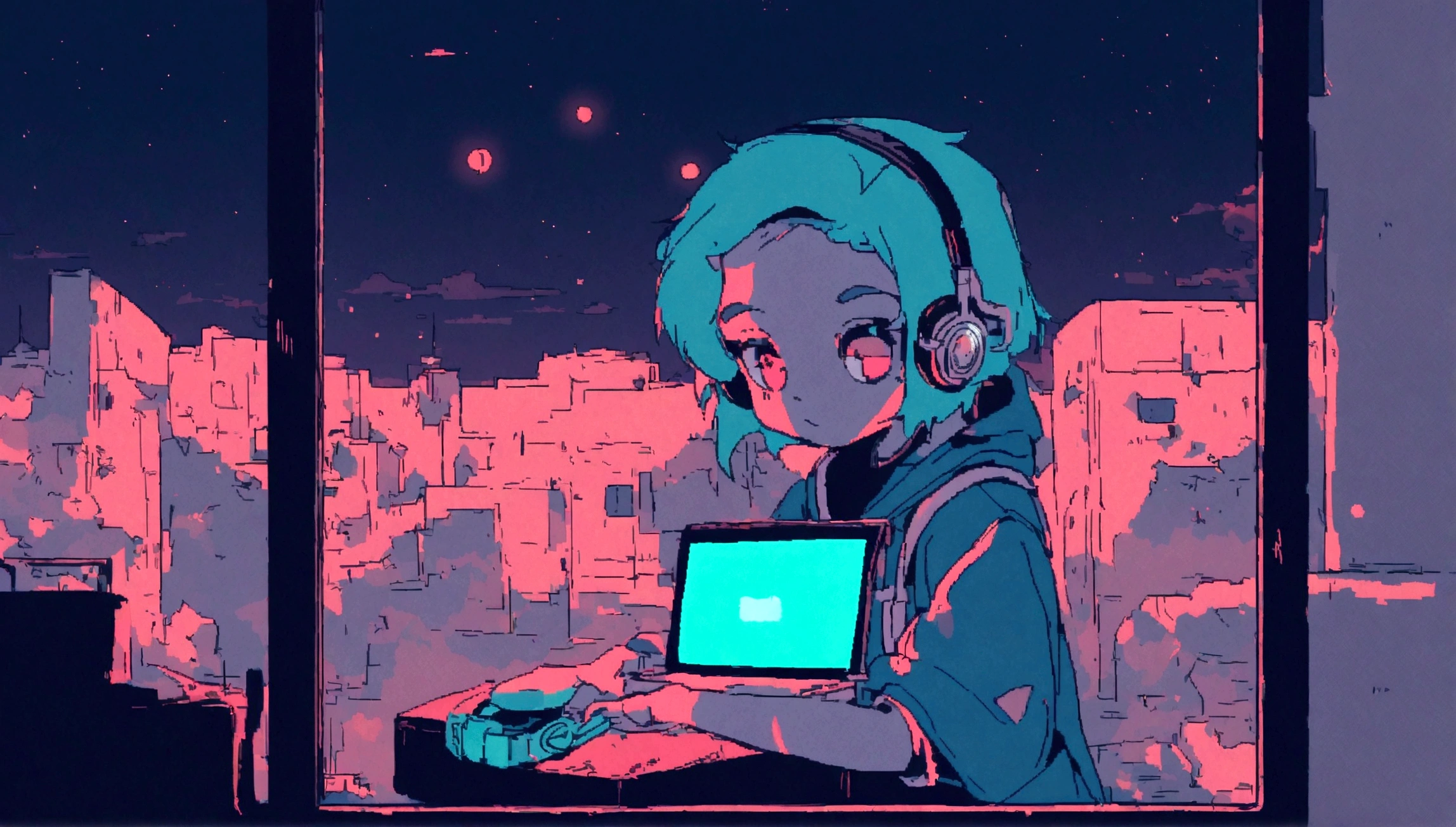 Anime girl sitting at the table,There is a laptop and headphones inside, Night view from the window, zero女孩, Compliment the artistic style, Portrait of Lofy, Lofi Art, Low-fi feel, zero, zero振動, Just relax, lofi girl aesthetics, lo-fi art, zero色, Lo-Fi style illustration, Hip Hop Loeph, Low-fidelity aesthetics