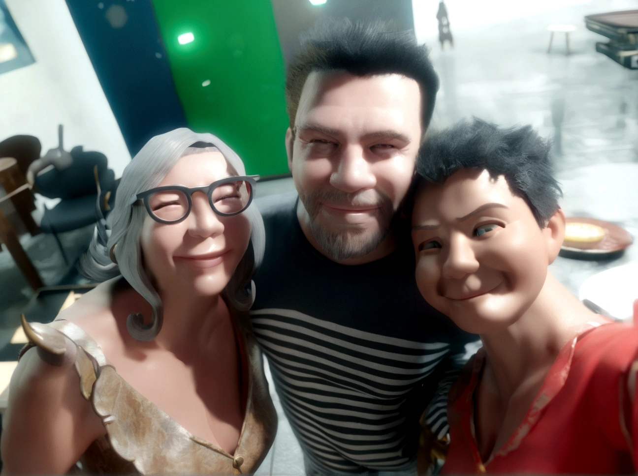 Personagem de desenho animado de um garoto com barba cavanhaque, hugging a woman with glasses and long gray hair and another woman smiling with short black curly hair, felizes, um personagem animado, Caractere estilizado, animation style rendering, 3D estilizado, Arnold Maya rendering, Stylized 3D rendering, toon render screenshot, Personagem 3D, Personagem 3D, Stylized 3D rendering, 3D character rendering, personagem de desenho animado, Personagem de close up, Pose de personagem, (Estilo Pixar) (parte mestre:1.2) (Bokeh) (melhor qualidade) (pele detalhada) (textura detalhada) (8K) (argila) (cinematic lighting) (sharp focus，Senta e vaza a parte superior do corpo