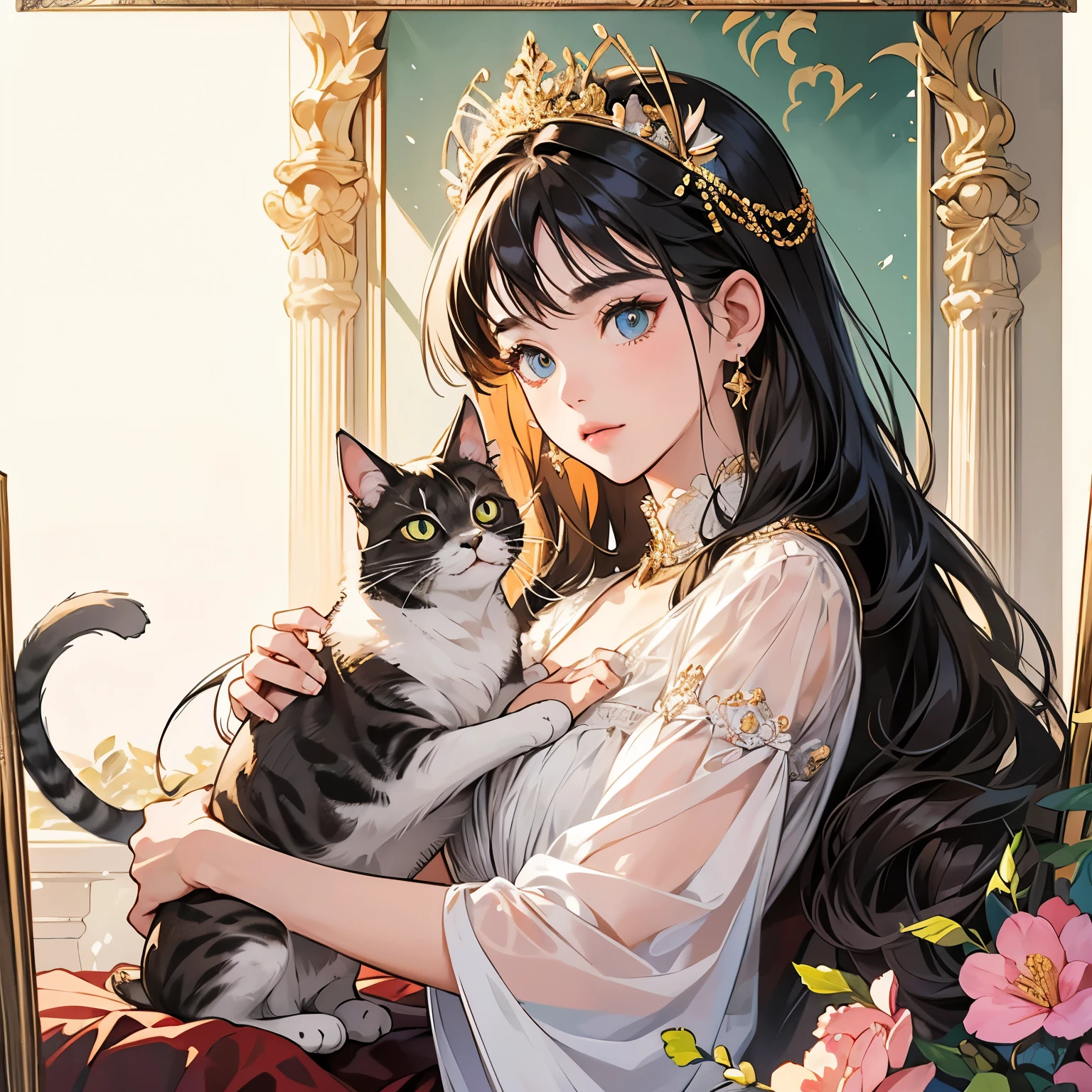 Best quality, 1 cat, logo, background white only, emblem, 14k, intricate and detailed, frame, (((1 woman and cat))), detailed fur, sparkling eyes, corporate logo, golden, panoramic, long shot, front, flowers, Upper body, looking at viewer, beautiful goddess, Very detailed hair, Top Quality