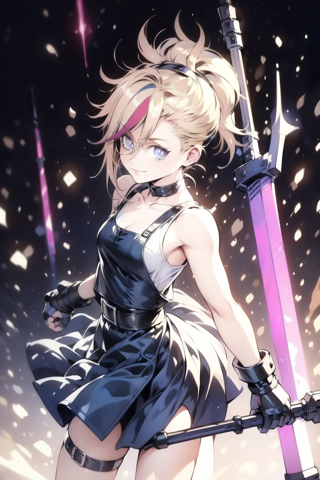 (masterpiece, best quality:1.2), Blue  glowing eyes, perfect face, highres, 1 girl, solo, ultra long ponytail, (female:1.5), strife, blonde hair, shoulder armor, sleeveless turtleneck, suspenders, belt, gloves, bracer, evil smile, standing, portrait, looking at viewer, giant sword on the back