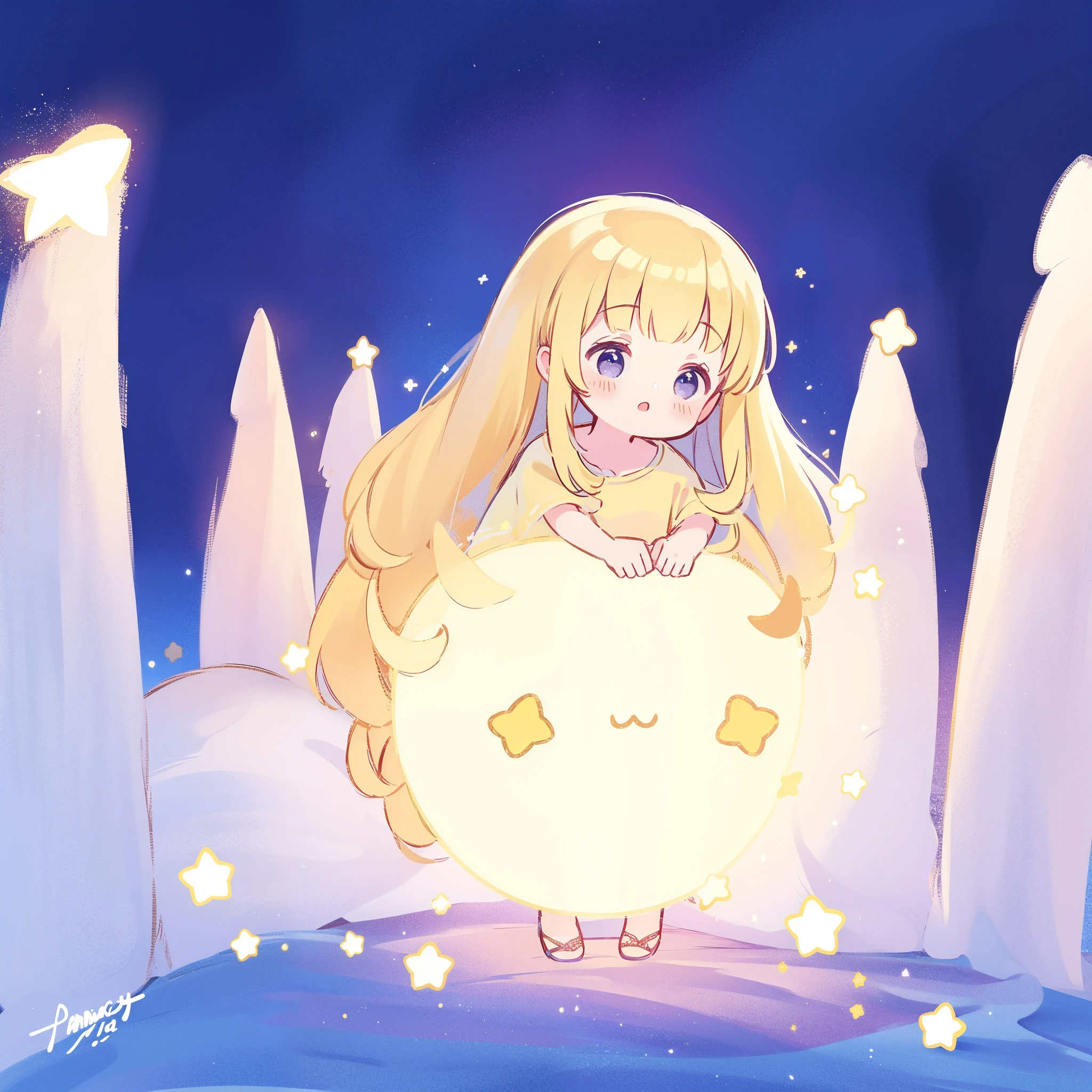 cute style, wishing star background, angel girl wearing an ethereal translucent dress that reflects the stars, magical, whimsical, fantasia, dreamy, serene composition, masterpiece, best quality, perfection, complex drawing, highly detailed, ethereal, starry night, midjourney style