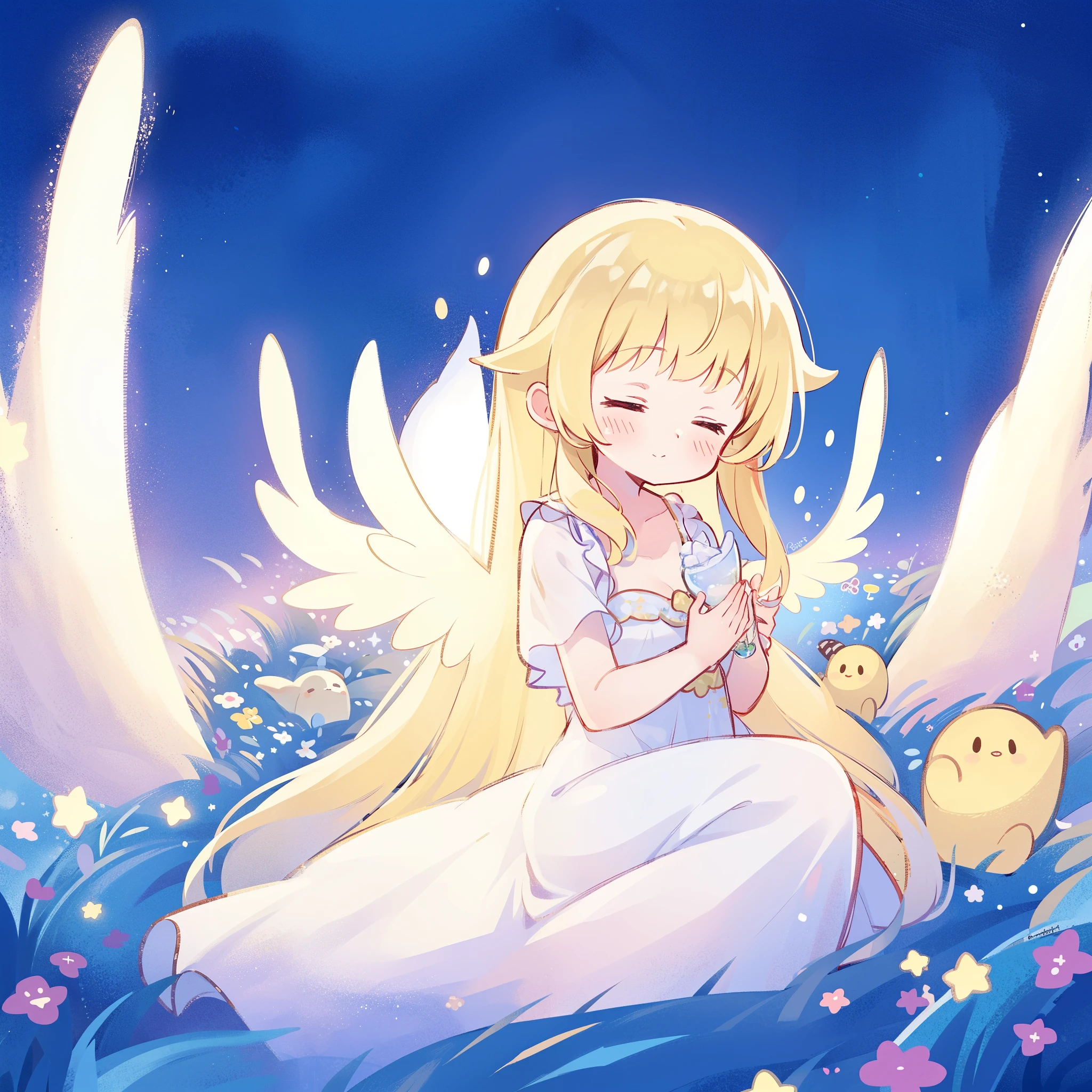 cute style, wishing star background, angel girl wearing an ethereal translucent dress that reflects the stars, magical, whimsical, fantasia, dreamy, serene composition, masterpiece, best quality, perfection, complex drawing, highly detailed, ethereal, starry night, midjourney style