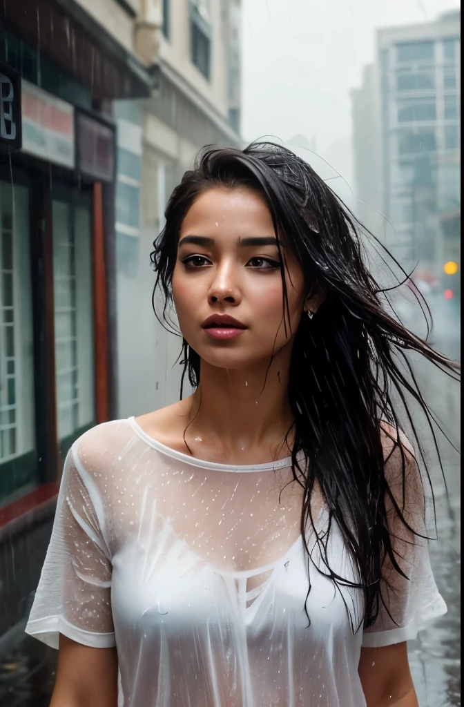 A beautiful woman gets completely soaked in a sudden downpour