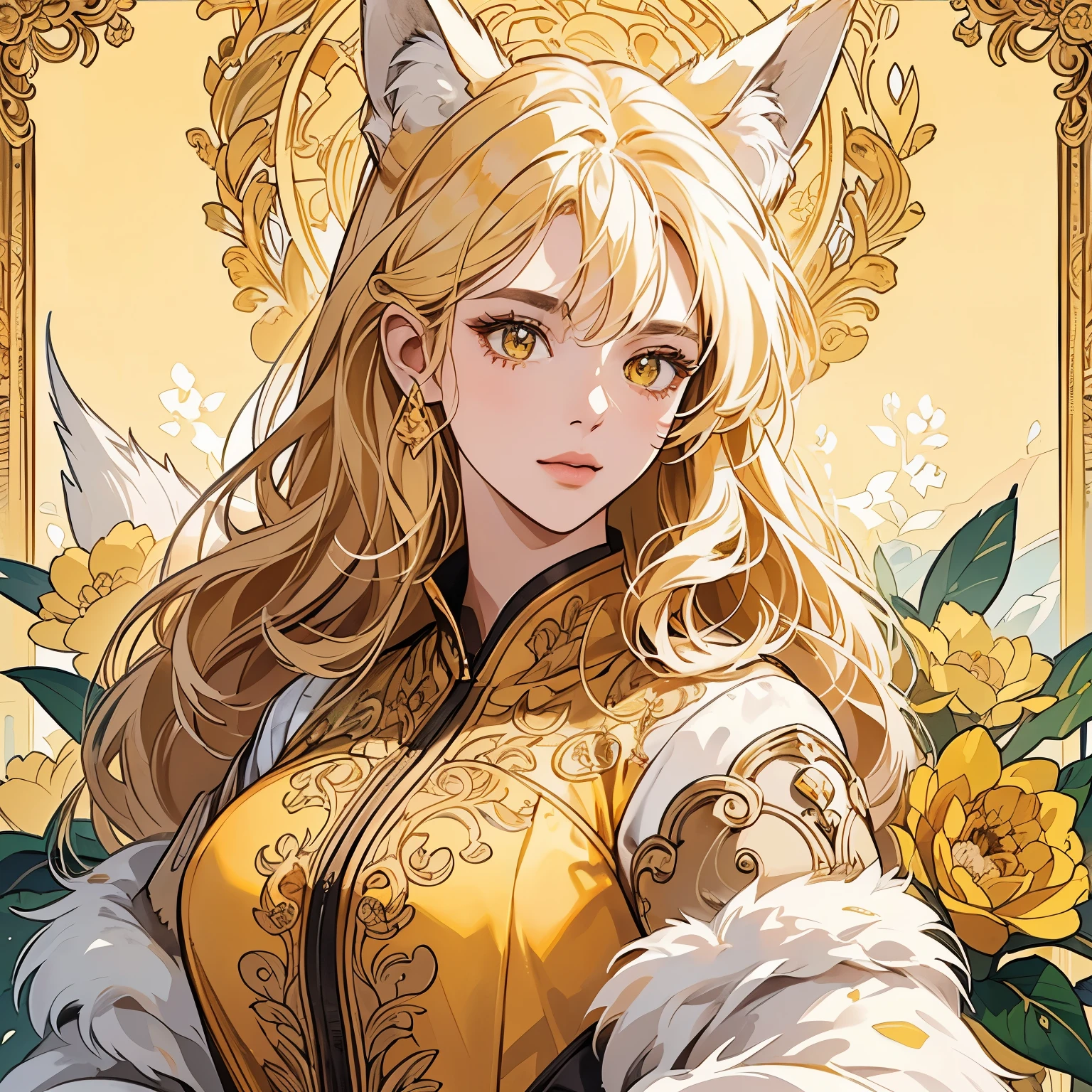 Best quality, 1 wolf, logo, background white only, emblem, 14k, intricate and detailed, frame, yellow, (((1 woman and wolf))), detailed fur, sparkling eyes, corporate logo, golden, panoramic, long shot, front, yellow flowers, Upper body, looking at viewer, beautiful goddess, Very detailed hair, Top Quality