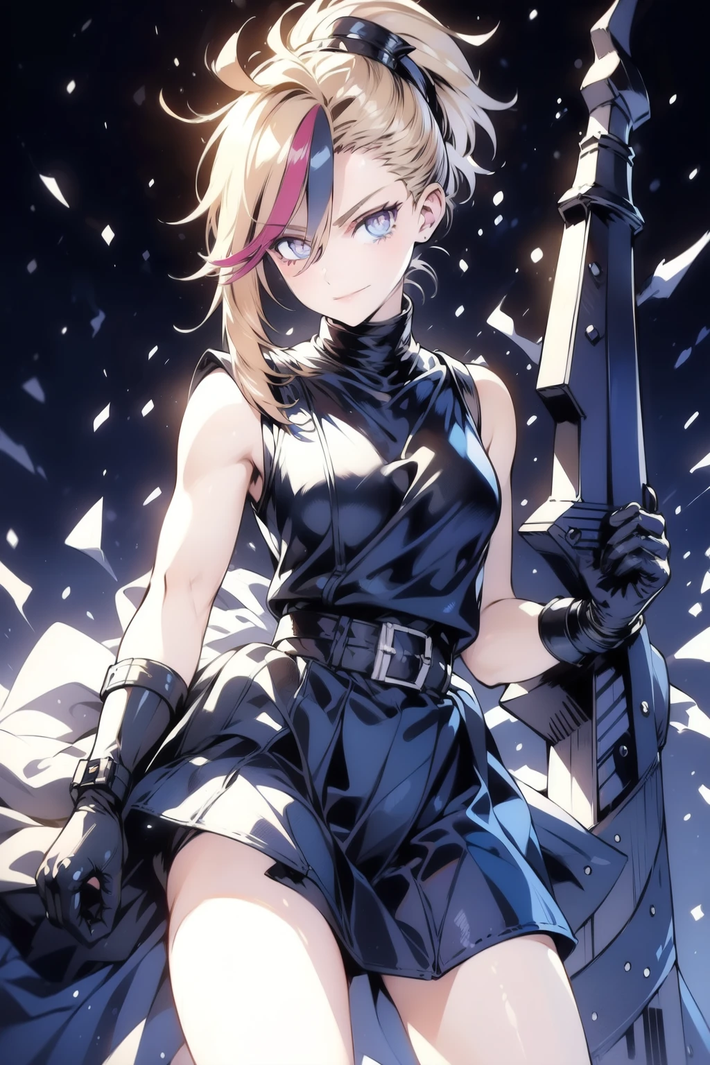 (masterpiece, best quality:1.2), Blue glowing eyes, perfect face, highres, 1 girl, solo, ultra long ponytail, (female:1.5), strife, blonde hair, shoulder armor, sleeveless turtleneck, suspenders, belt, gloves, bracer, evil smile, standing, portrait, looking at viewer, giant sword on the back