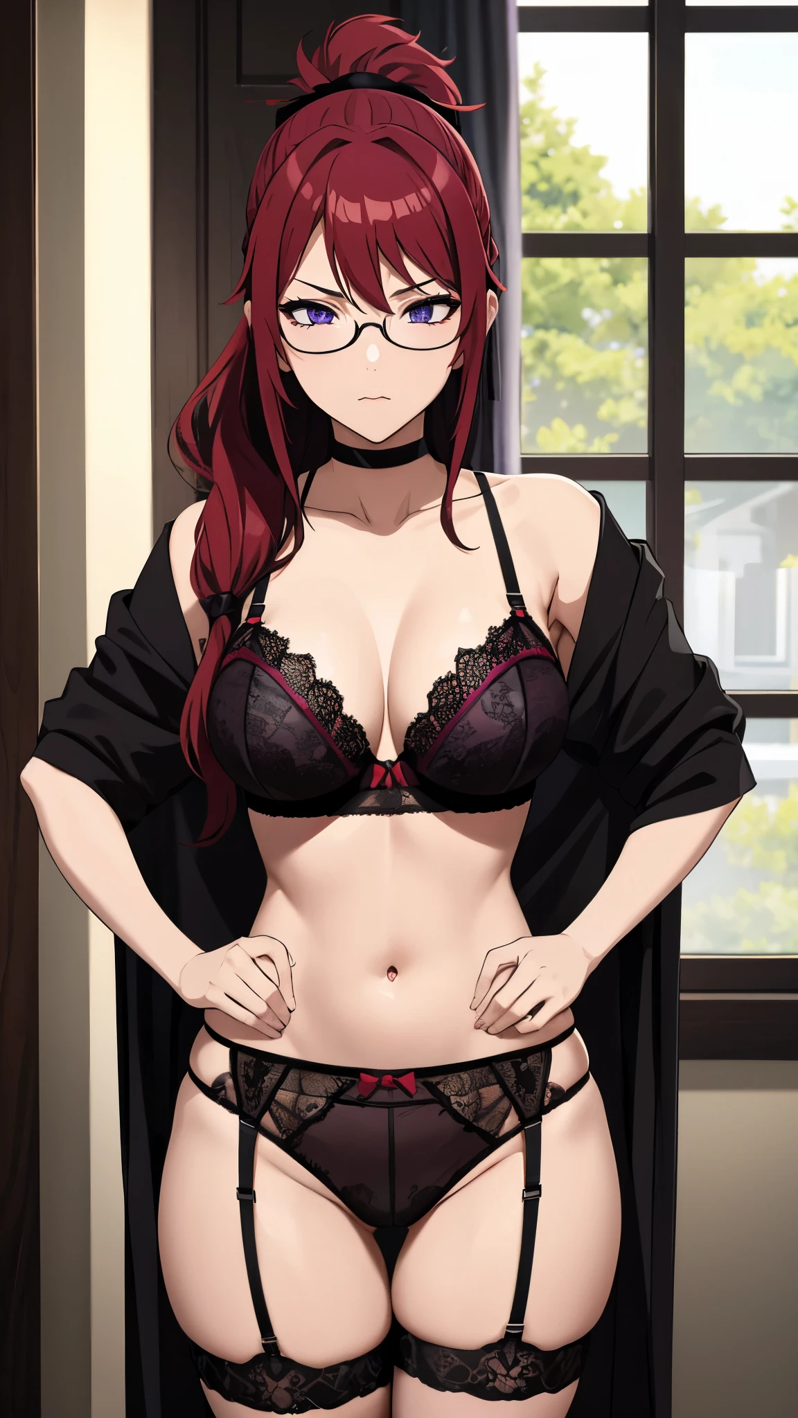 ponytail, long hair, red hair, purple eyes, glasses、(Black lace bra、Black lace panties、garter belt)