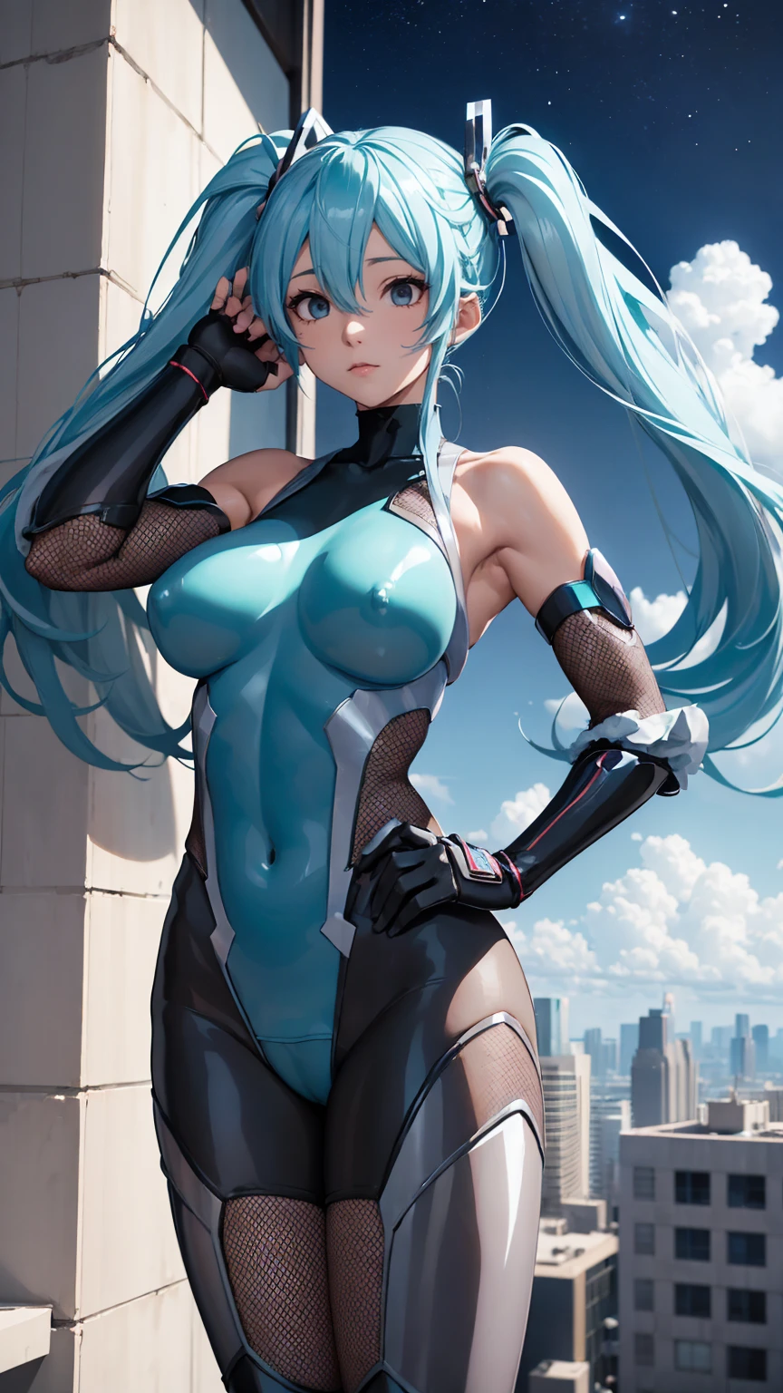 High-quality images of Hatsune Miku、Demon Shinobi、Highest品質、Highest１people々 girl,high quality,, ((Masseter muscle area)), ((High resolution)), ((Highest品質)), detailed, (Laughter.very happy,3000 times more sensitive), ((Shiny skin)), (High leg bodysuit:1.2)、girlと, ((huge 、Light blue hair、Twin tails))、Expressionless、Jump、((Rooftop at night))