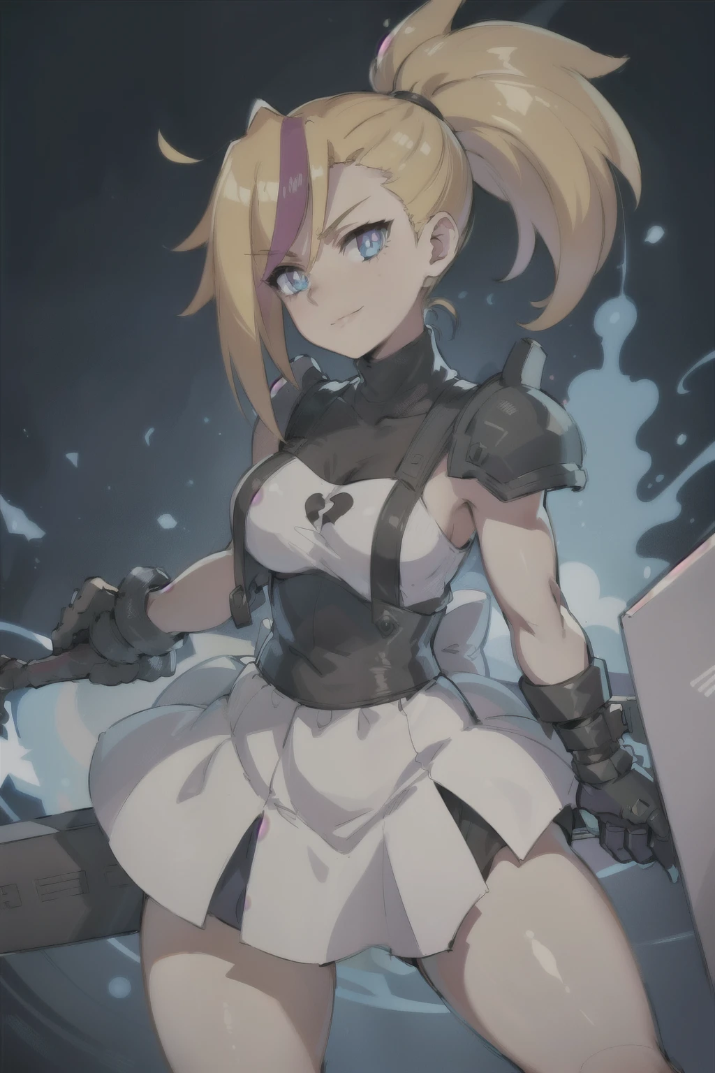 (masterpiece, best quality:1.2), Blue  glowing eyes, perfect face, highres, 1 girl, solo, ultra long ponytail, (female:1.5), strife, blonde hair, shoulder armor, sleeveless turtleneck, suspenders, belt, gloves, bracer, evil smile, standing, portrait, looking at viewer, giant sword on the back