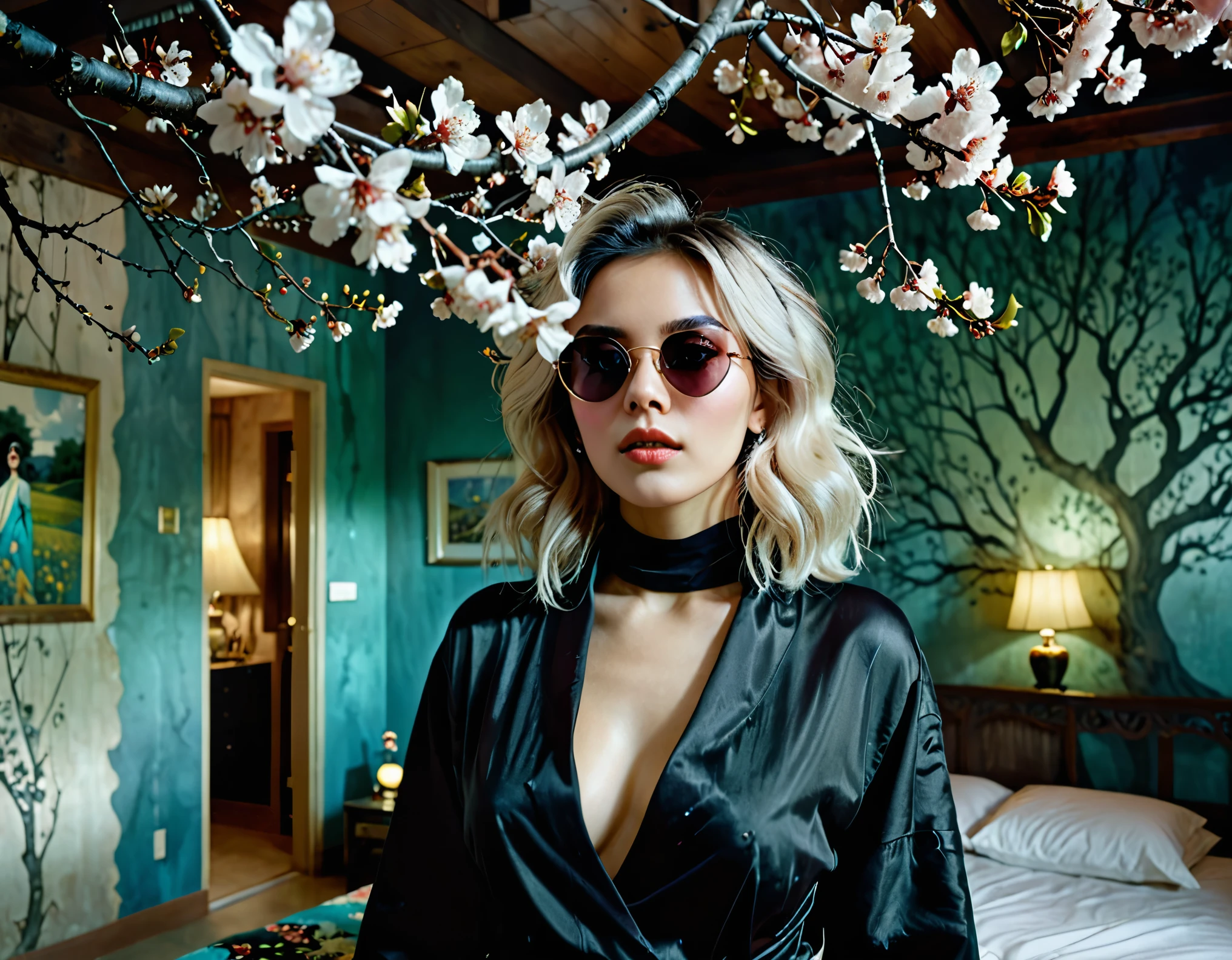 photo of beautiful 28y.o woman, 30 yo man in all black creature outfit, he's intensely rugged and massive in size compared to women, smokey eye makeup, 4k uhd, high quality, dramatic, cinematic, (long extraordinary (platinum hair:1.4)), nocturnal flowers, swarm, the seed, growing, giants shelter her body, intricate ornate lean-to, the night sky, deep dark shadows, hide new seasons, the woman is aware and watching us, strong moral compass, colorized b/w (film xray:1.2) negative image close-up portrait of a woman in dreamy landscape, cherry tree, undercover hovering boulder, architectural headpieces, integrated haunting, (light areas appear dark and vice versa). A color negative image is additionally color-reversal, with red areas appearing cyan, greens appearing magenta, and blues appearing yellow, aqua blush, and vice versa. invert image, (high contrast:1.6, deep darks), negative film inversion. young wife in casual loungewear, standing in her bedroom, shape under fabric, dagger earring, messy hair, her feet on fertile soil, she's wearing long pendant, sensual mood, romantic, she's inviting, gamer painting on wall,she doesn't want to be seen, big dark sunglasses, her black coat collar up and high, dark hair over her face, she's mysterious, glamours, listening for a signal, watching the people move so she can continue on in the evening sky, Full body photo、motel lobby, Beige tight clothing、short dark bob hairstyle、Clothes are tigh、Full body photo