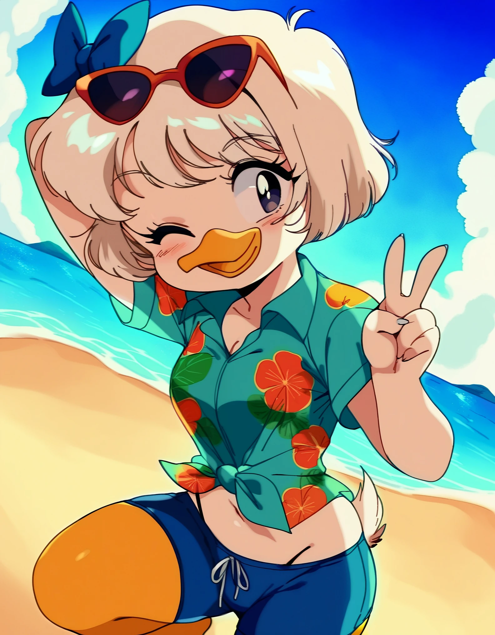 score_9, score_8_up, score_7_up, score_6_up, best quality, highres, source_furry, BREAK
vum, BREAK
1girl, solo, furry, beach, female, duck, beak, webby vanderquack, young, white skin, standing, on one leg, v_sign, wink white hair, black eyes, hair_bow, short hair, dutch angle, looking at viewer, orange legs, sunglasses, hawaiian shirt, swimming trunks  