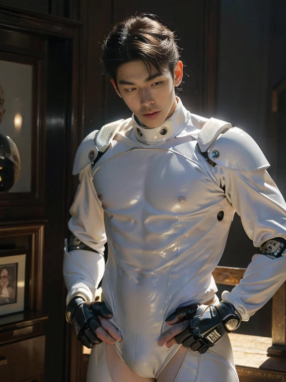 (masutepiece,High resolution,ultra - detailed:1.0),1(Boy,Robot Boy),Perfect male body,Look at the camera,Delicate eyes and delicate face,extremely details CG,Unity 8k Wallpaper,intricate-detail,solo person,Detailed face, (Futuristic skin-perfect white bodysuit), Best Quality, hands visible, (White Gloves), short hair:1.5 , full length shot(fls) , , big hips , insane details, hyper details , photorealistic , only male , handsome boy , puffy nipples , 16k resolution , ultra-high clarity , hyperrealism, uhd,. K-pop idol , whore , slutty whore , swollen nipples , defeat , grins ,thick thighs, male , ((handsome face detail)) ,handsome Korean boy , NSFW , sexy , eroticism. , unrealistic wide hips , unrealistic wide pelvis