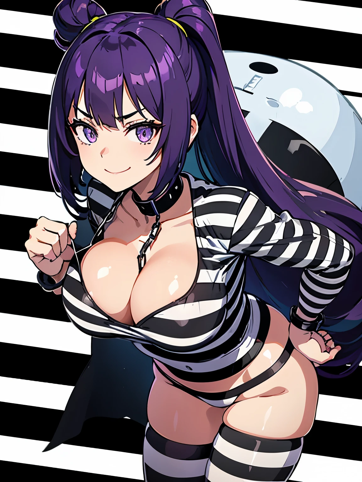 Mugshot, anime girl in black and white striped prisoner uniform, hands cuffed or chained, cleavage, big breasts, purple hair, evil smile, jail, cell, prison