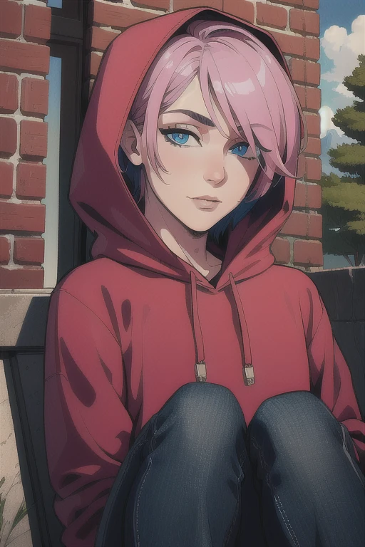 ((detailed eyes:1.2), detalied face, (dross), (solo:1.2), intricate details, ultra details, best quality, ultra quality, all focus), 
outdoor,
(facing camera, straight on view, looking at viewer,), 
(1boy, very short hair, pink hair, blue eyes, red hoodie, blue jeans, 
CFemboy, 