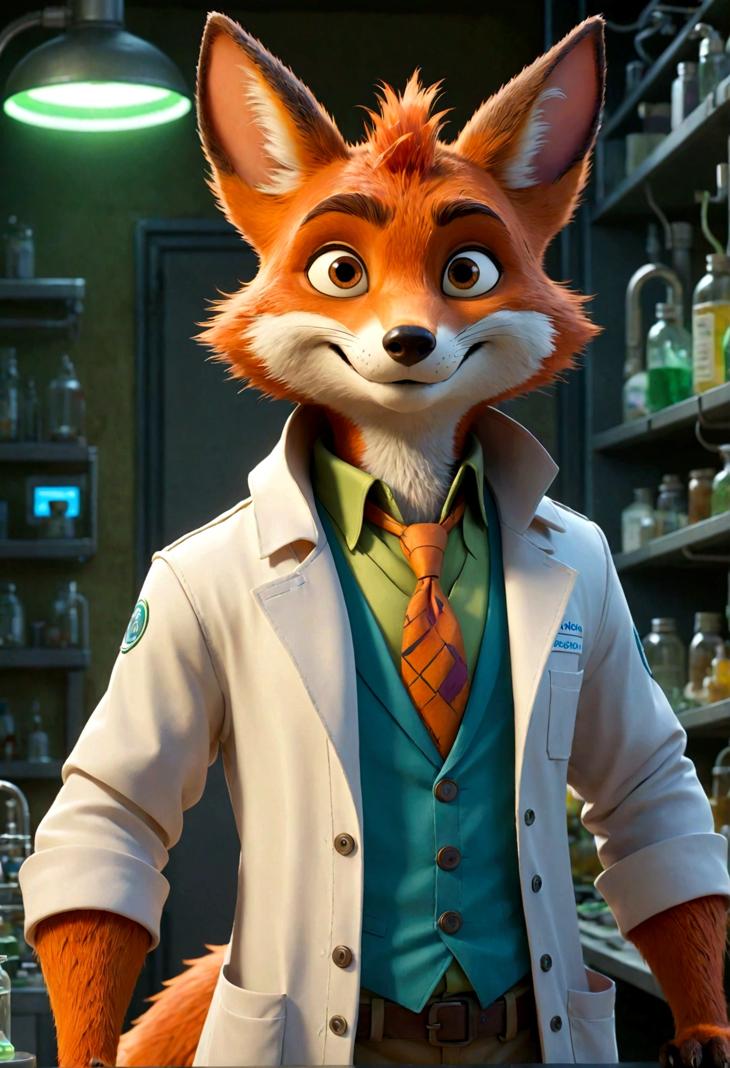 There is a cartoon fox with no clothes o, foxish guy in a lab coat, Nick Wilde, Zootopia, uma raposa antro, Cientista da Raposa, an anthropomorphic cyberpunk fox, Nick Wilde, Parte Raposa, Peter the Rabbit's Rapo, beatrix potter
