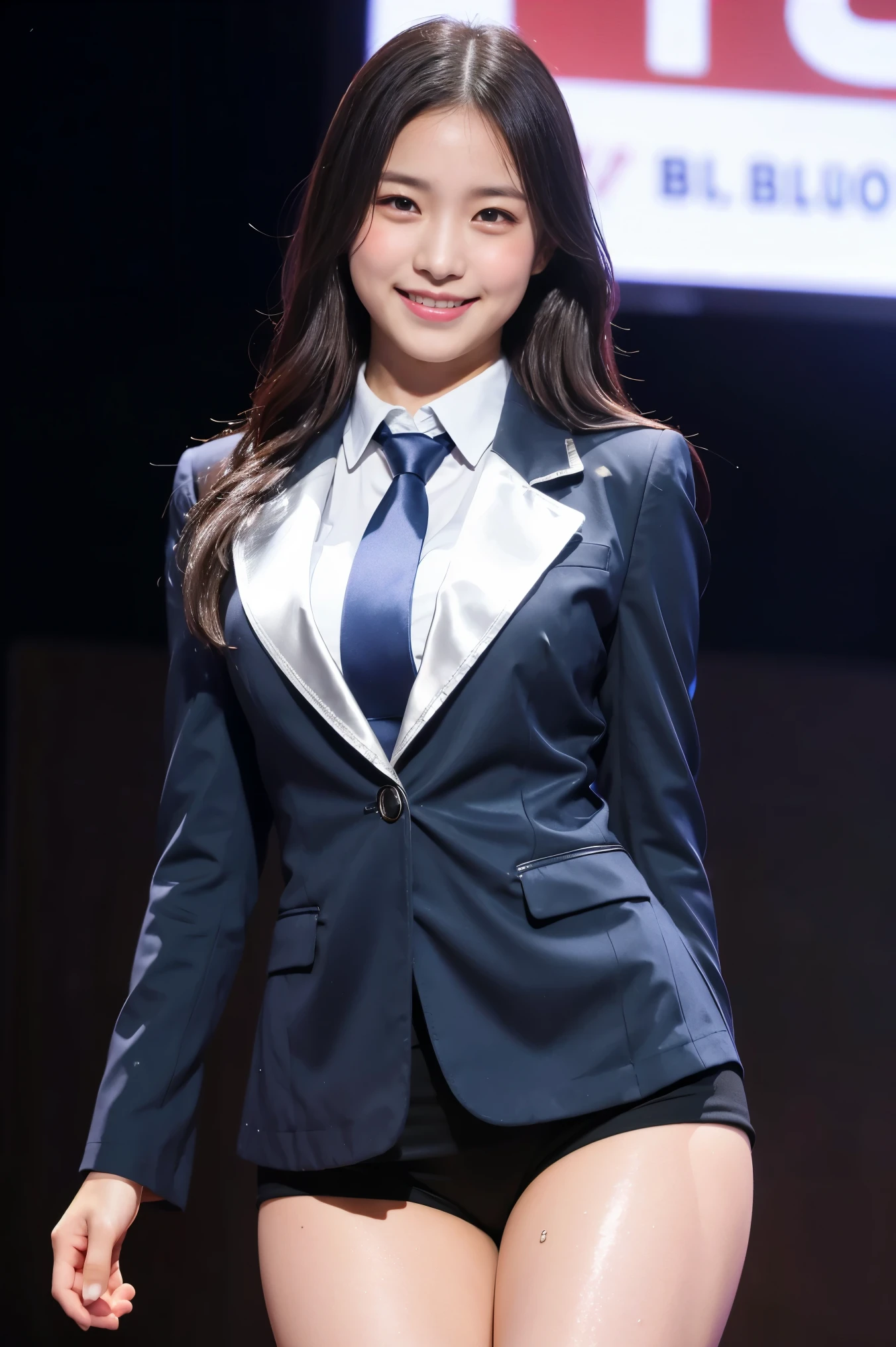 (8k), (highest quality: 1.2), (Realistic), (Realistic: 1.37), Ultra-high resolution, 1 girl, cute, (Embarrassed smile:1.2), (Blushing:1.4),Mouth closed, Beautiful details, Beautiful Nose, black straight Hair, Giant Dulcefo, pork, Thighs,Navel exposed,University Student Uniform,A simple blazer,Pleated check skirt,Platform boots,Dancing on the school stage,(Shiny Thighs:1.4),Medium Shot