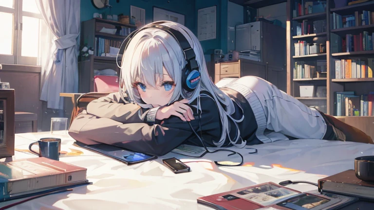 Anime illustration of a black-haired girl wearing headphones while listening to music、Drinking coffee at a cafe
