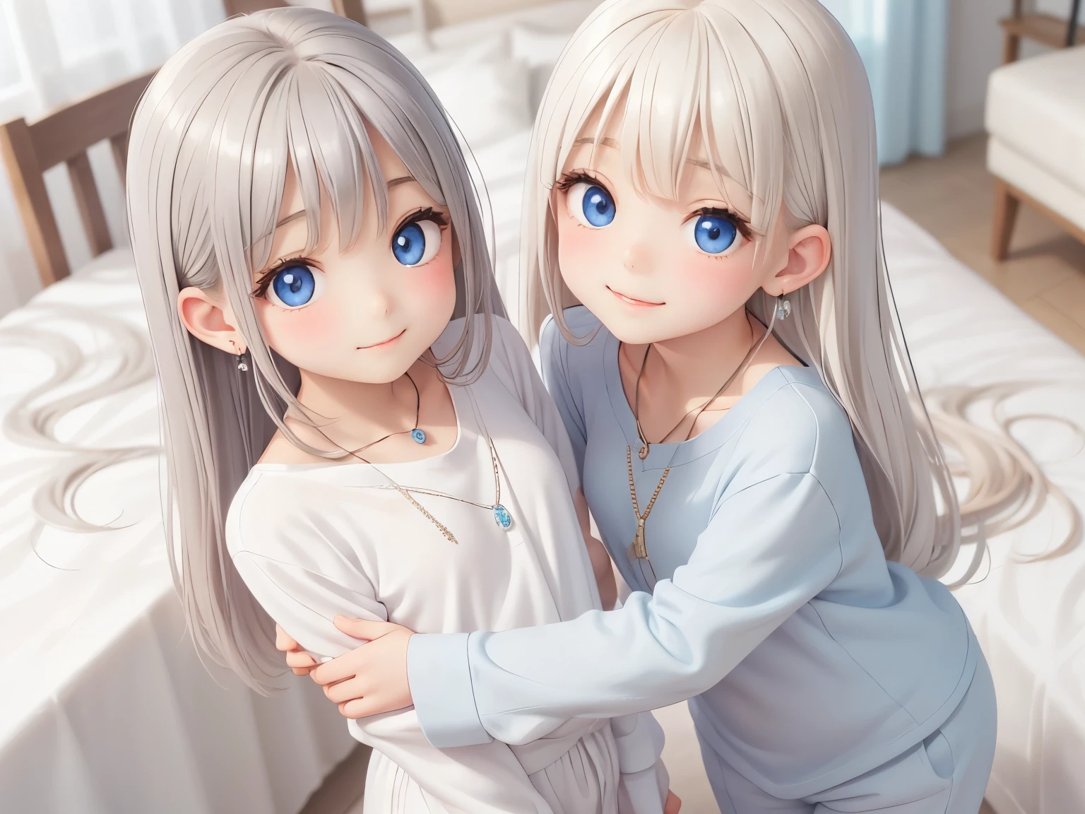 Earrings、necklace、Beautiful glowing white skin,、 bright, Refreshing and gentle look, Perfect beautiful pretty face, Shiny platinum blonde straight long hair reaching down to her waist, Beautiful shiny bangs, ((Very beautiful and beautiful4Year old girl)), eyeliner, so perfect and beautiful, Big clear sky blue eyes, bright eye highlights, Baby Face、Cute smile、Long eyelashes、In pajamas、Low waist、High leg、Looking down on a young girl from above、