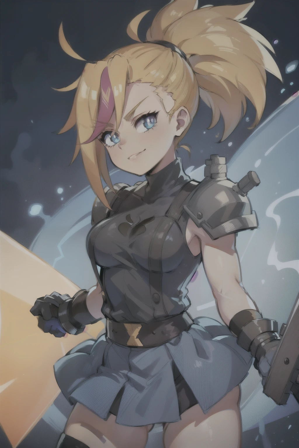 (masterpiece, best quality:1.2), Blue glowing eyes, perfect face, highres, 1 girl, solo, ultra long ponytail, (female:1.5), strife, blonde hair, shoulder armor, sleeveless turtleneck, suspenders, belt, gloves, bracer, evil smile, standing, portrait, looking at viewer, giant sword on the back