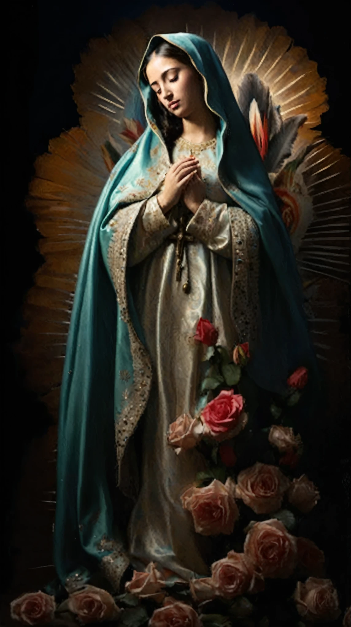 (((Holy virgin mary OF  GUADALUPE in traditional image. With eyes closed. with a rosary in his hands. full body. Hyperrealistic image. full body))) (((17 years old))) Masterpiece (Best quality: 1.2) (Super fine: 1.2) Illustration, (Extremely delicate and beautiful: 1.2), Film angle, Floating, (Beautiful detail eye: 1.1), (Detail Light: 1.1) Film lights, Delicate sky, Blue eyes (High ponytail: 1.1) Layer, Bright eyes (Light particles: 1.1) dr