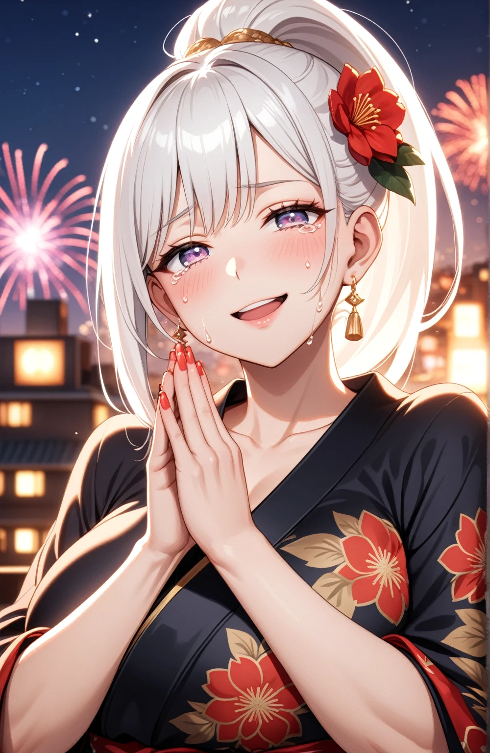 ((one personの女性)), Beautiful Face,((cry:1.5)),(Wink:2.0)),Laughing embarrassedly,Laughing with mouth open,((Bright red cheeks:1.4)),Glossy pink lips,night,Rooftop festival venue,You can see the ocean,firework,((Anime style background)),masterpiece, highest quality, so beautiful, Latest, Complex details, (Pink long nails),(ring),AI-generated, Complex,High resolution, highest quality, super high quality,3D Images、View your viewers、3D Images,one person,Long white hair,High Ponytail,blue eyes,Anime woman posing for a photo, ((Fine grain、Silvery white colorful eyes、Shining Eyes:1.3)),(Squint your eyes:1.1),a hyperRealistic , hyperRealistic , Realistic,Anime woman with long and white hair, Smooth anime CG art, A woman in a colorful kimono with gold embroidery, (Black kimono),Red floral pattern,Long flower hair ornament,Big earrings,Mature Body,(Big Breasts:1.1),Tall,Big Ass,Fine details,Narrow waist,Abdominal muscles,(Face close-up:1.3),(Wipe tears with your hands:1.3)
