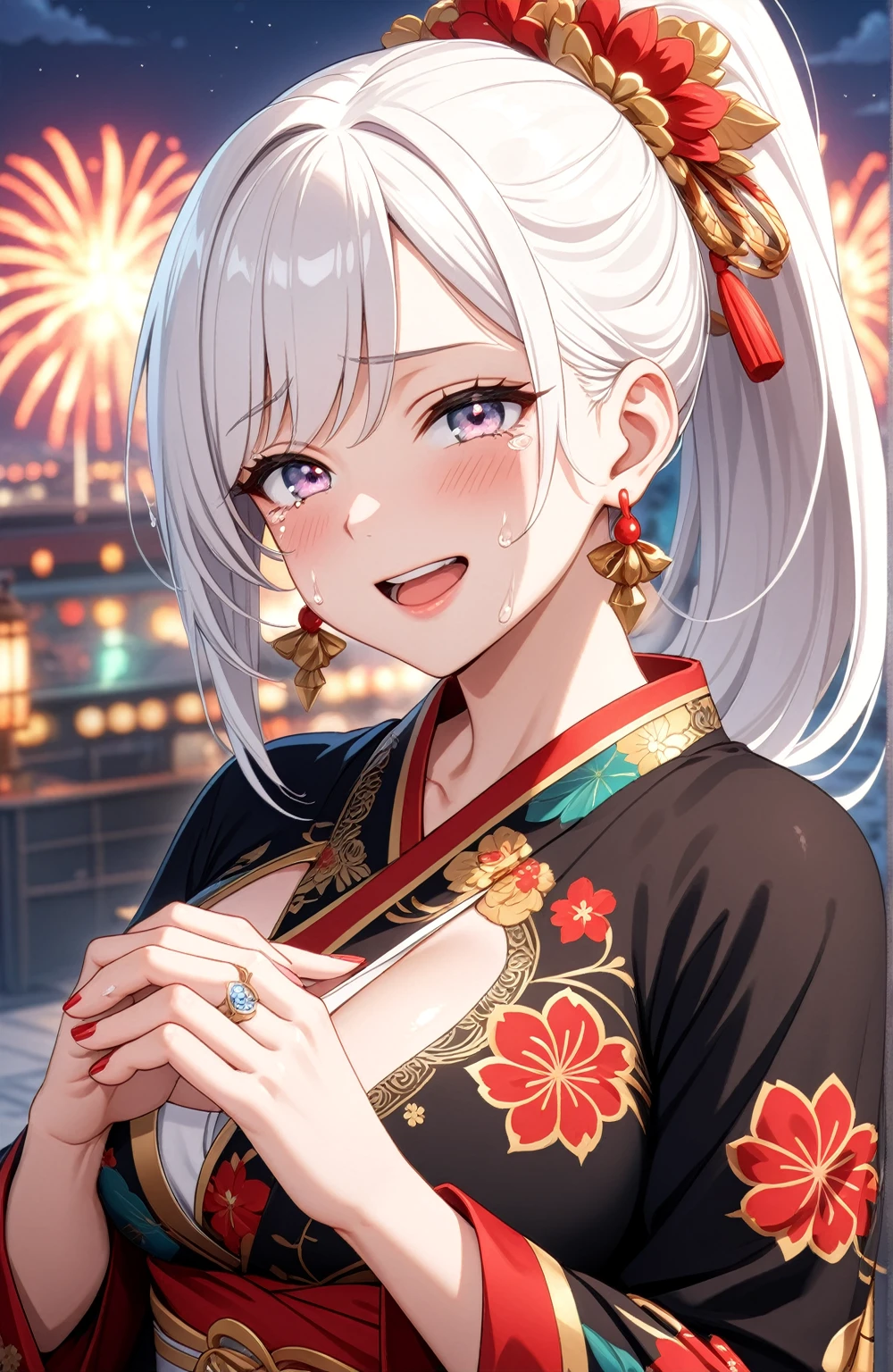 ((one personの女性)), Beautiful Face,((cry:1.5)),(Wink:2.0)),Laughing embarrassedly,Laughing with mouth open,((Bright red cheeks:1.4)),Glossy pink lips,night,Rooftop festival venue,You can see the ocean,firework,((Anime style background)),masterpiece, highest quality, so beautiful, Latest, Complex details, (Pink long nails),(ring),AI-generated, Complex,High resolution, highest quality, super high quality,3D Images、View your viewers、3D Images,one person,Long white hair,High Ponytail,blue eyes,Anime woman posing for a photo, ((Fine grain、Silvery white colorful eyes、Shining Eyes:1.3)),(Squint your eyes:1.1),a hyperRealistic , hyperRealistic , Realistic,Anime woman with long and white hair, Smooth anime CG art, A woman in a colorful kimono with gold embroidery, (Black kimono),Red floral pattern,Long flower hair ornament,Big earrings,Mature Body,(Big Breasts:1.1),Tall,Big Ass,Fine details,Narrow waist,Abdominal muscles,(Face close-up:1.3),(Wipe tears with your hands:1.3)