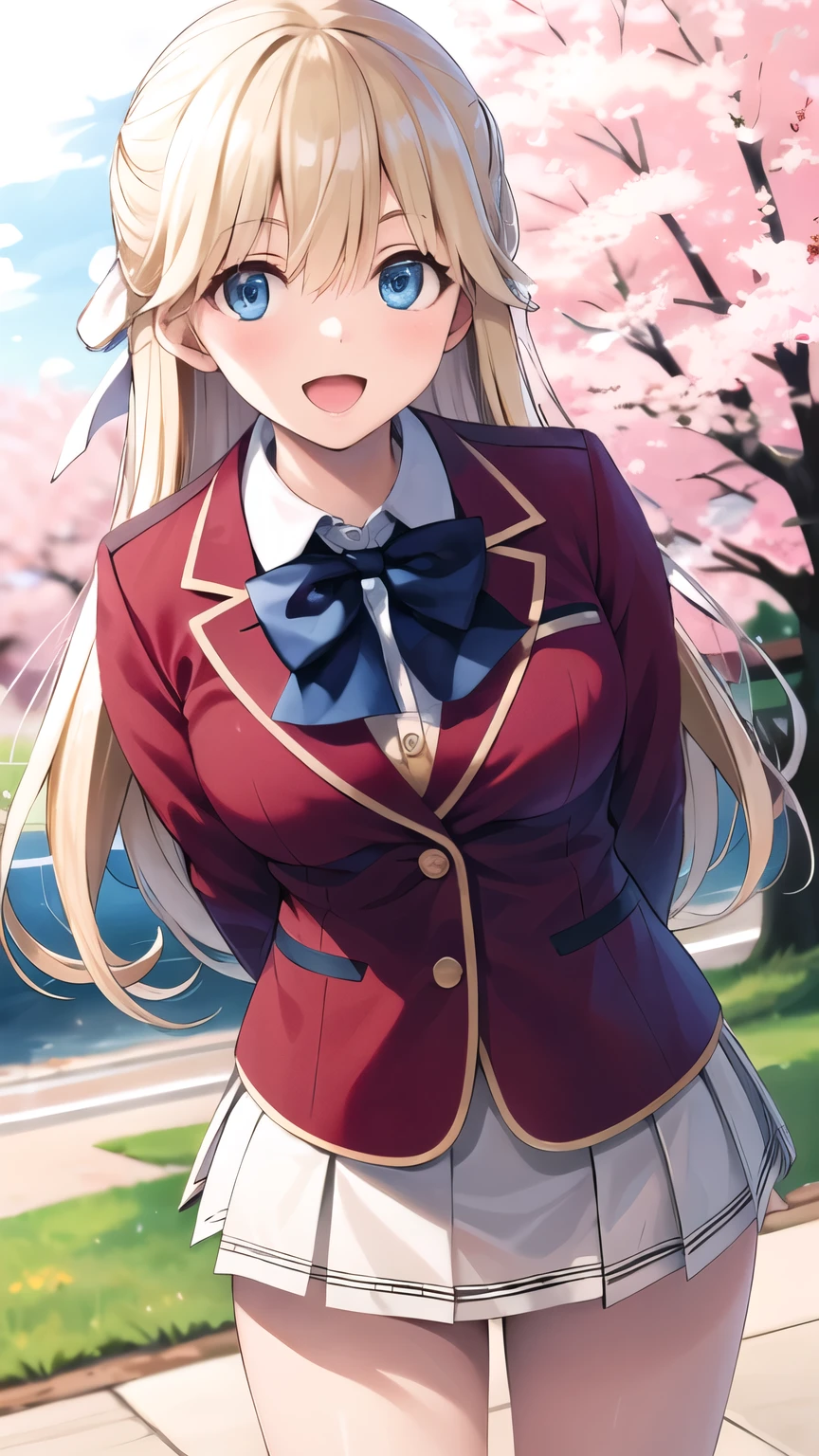 masterpiece, best quality, highres, 1girl, solo, long hair, blonde hair, hair ribbon, bangs, blue eyes, blue bowtie, collared shirt, blazer, red jacket, long sleeves, pleated skirt, white skirt, smile, open mouth, standing, cowboy shot, leaning forward, arms behind back, outdoors, cherry blossoms,