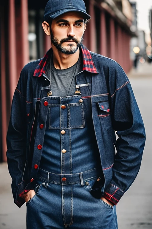 A 1920's hobo. He is wearing a black T-shirt. Worn Blue denim overalls with a red checkered flannel jacket and blue denim engineer hat.