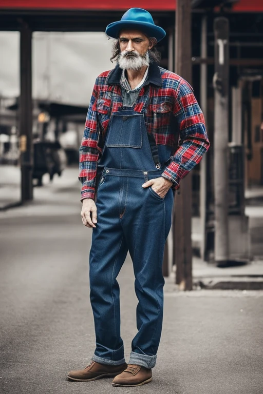 A 1920's hobo. He is wearing a black T-shirt. Worn Blue denim overalls with a red checkered flannel jacket and blue denim engineer hat.