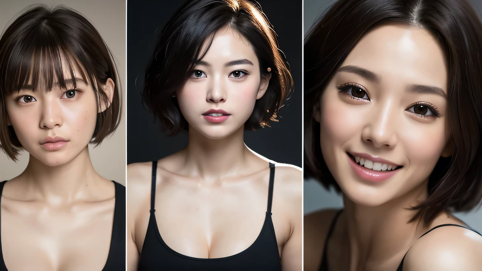 The beauty of 8K RAW photography:2.0, Very short hair,21 years old, Great face and dark eyes, Looking into the camera, Superior, Big smile, Showing teeth, Tank top, Realistic:1.9, Very detailed CG synthesis 8k wallpaper, Very detailed, High-resolution RAW color photos, Professional photos, Filmed at home, Portrait of sexy girl,Cleavage、Sculptural installation、3people々'woman、3Commemorative photo with people々 lined up、