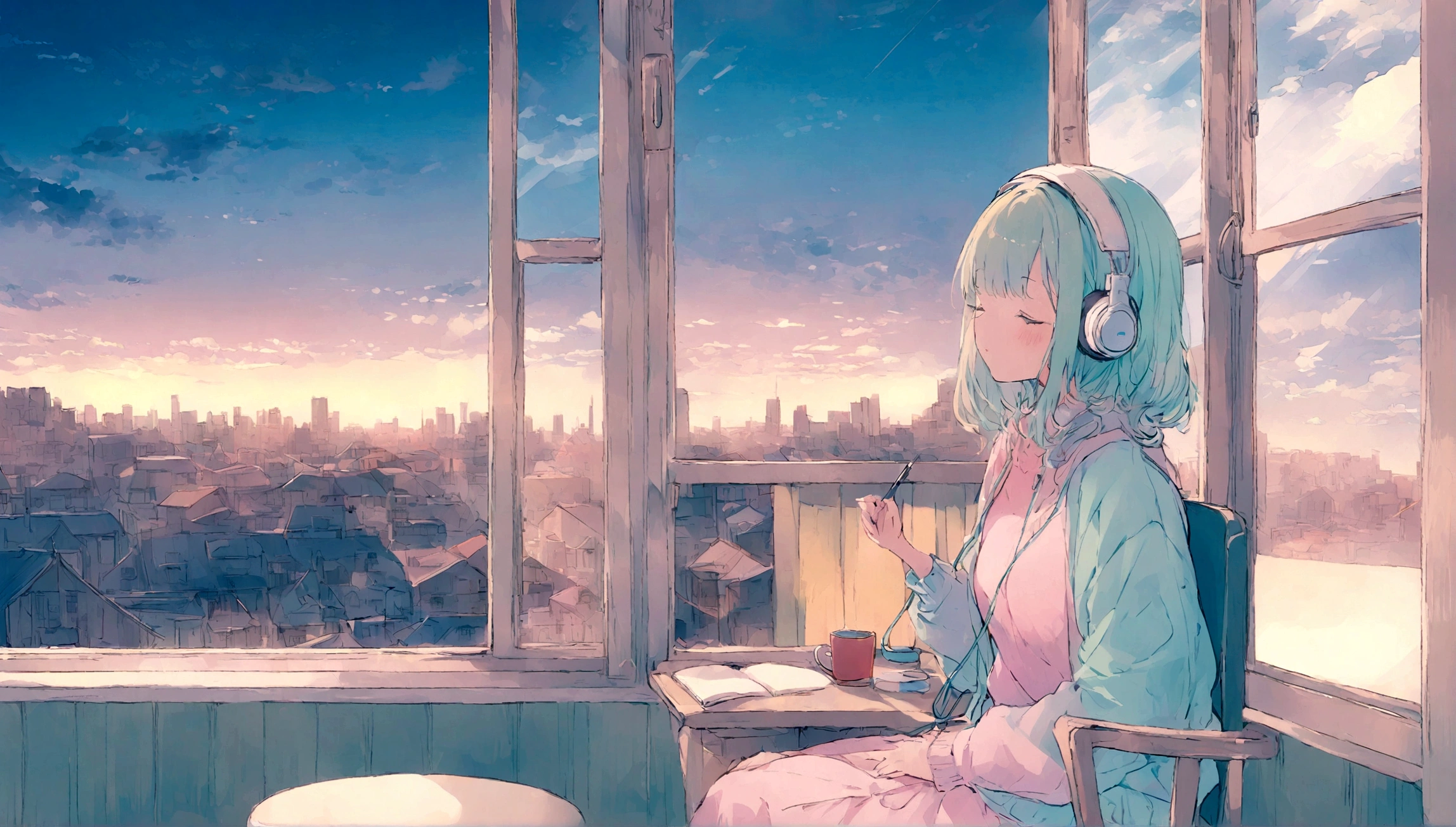 porch、512、Low Fidelity、girl sitting on a chair with headphones、Napping at the desk、eyes closed、City view outside the window、evening、Pastel colors、