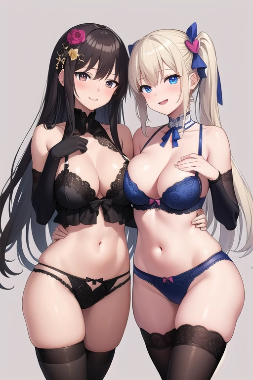((Masterpiece, best quality)),edgQuality smiling,smug, edgHL,hentai_lingerie, 2girls, yuri, kissing, seductive pose, breasts, large breasts, random hair, hair ornament, thighhighs, gloves, bow, navel, bare shoulders, heart pasties ,wearing edgHL, simple background,