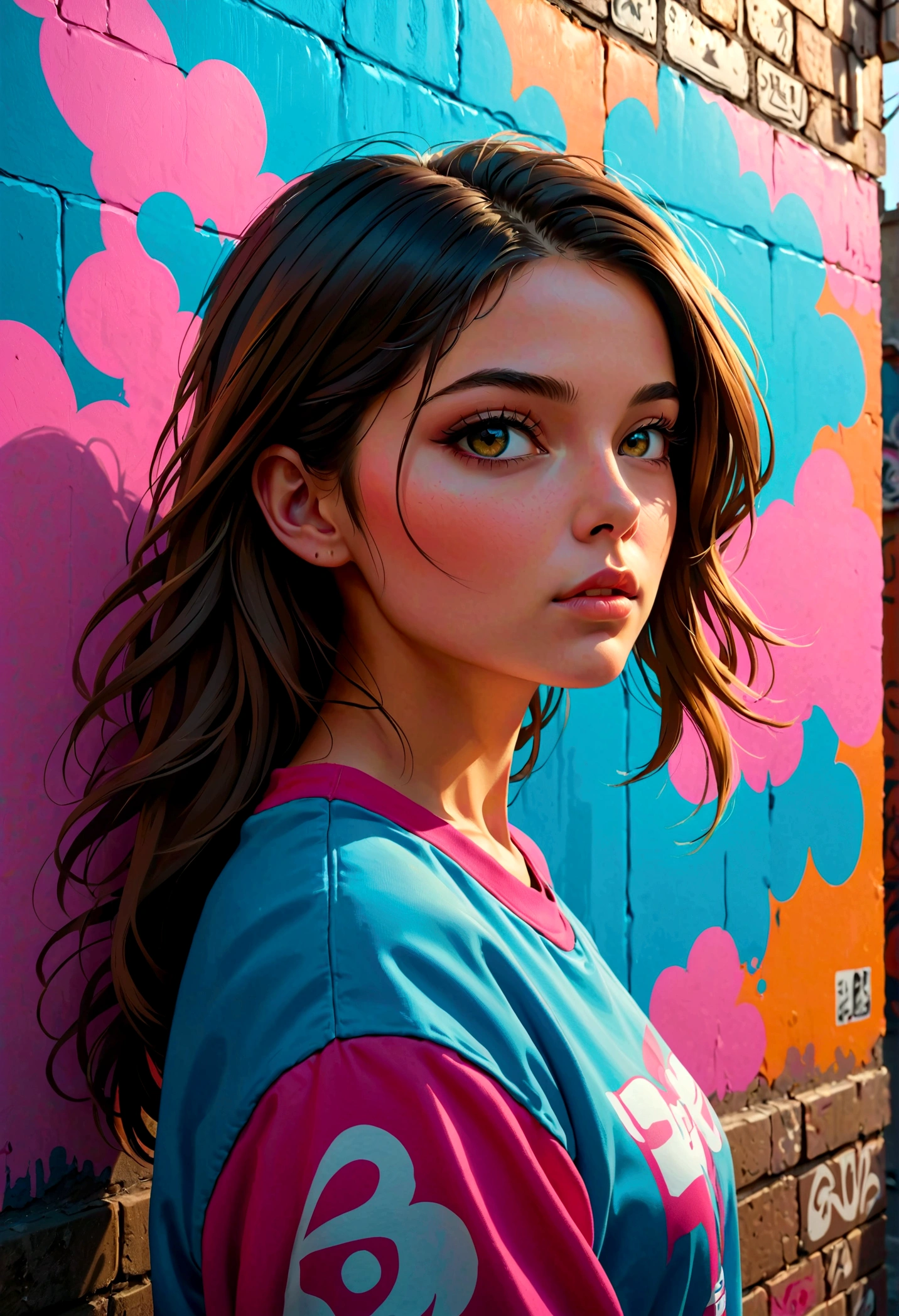 (best quality), masterpiece, 极其细致的 CG  8K 插painting, High Color, extremely High Color saturation, All colors are deepened, painting, graffiti art, Central Composition, Extremely detailed lighting, Graffiti Wall, wall paintinged bright, 1 girl graffiti 1 girl looking at the wall, The face and eyes are very detailed, Medium Length Hair, Sportswear, Colored clouds