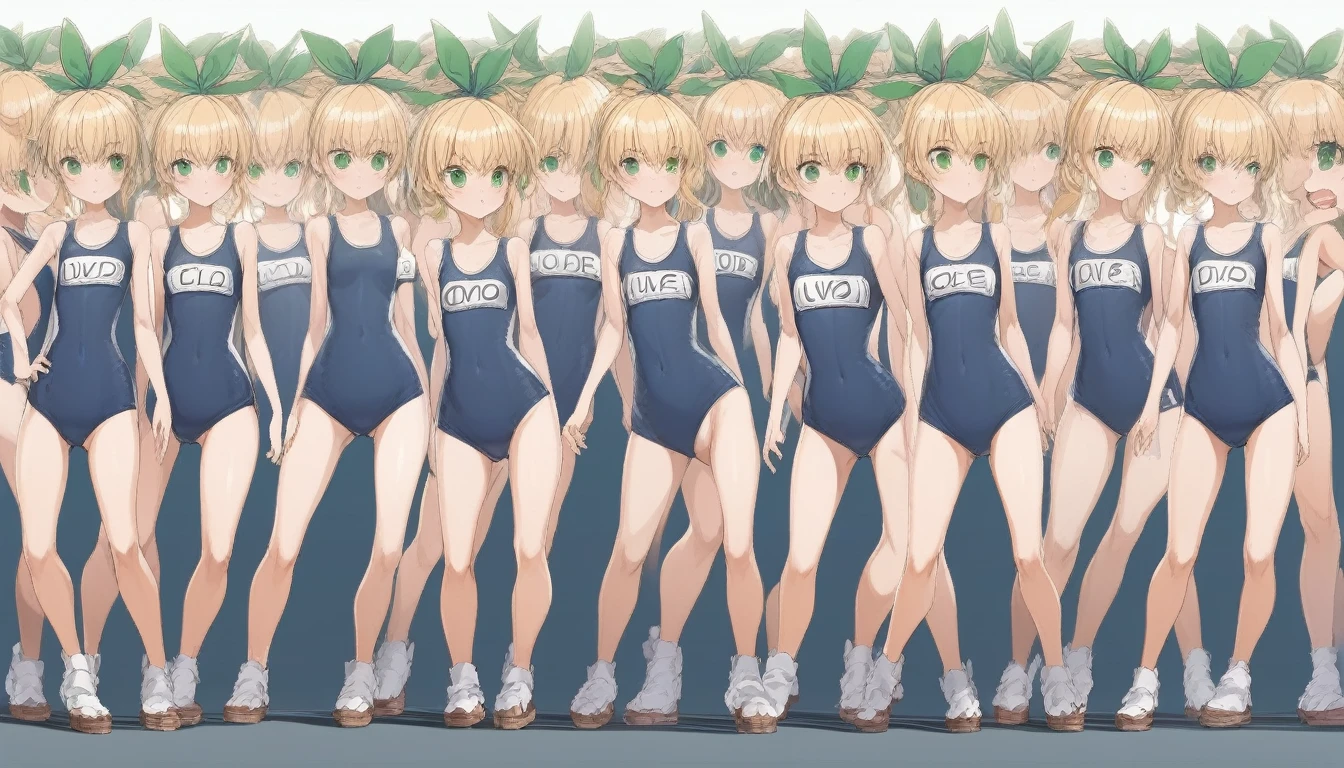 Short stature,flat chest, clone girls, blond hair, green eyes,roll(mega man classic) clones,swimsuit roll(mega man x dive old design) clones,high ponytail hair,Sleeveless navy one piece old type school swimsuit with white stripes from armpit to flank,white name tag, navy heeled sandals, green ribbon,human appearance,same height,same appearance, same face,fill the entire image, absolutely everyone, many clone, masterpiece, best quality,insanely detailed, 20000+ clone girls, perfect features,multiple clone girls,same school swimsuit,same hair,official art