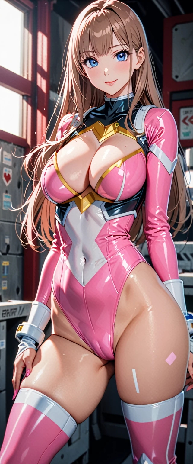 ((masterpiece)), ((high quality)), ((super detailed)), ((high resolution)), ((8k)), a beautiful woman, ((She is one of the most famous actress in Japan.)), unparalleled beauty, ((large breast:1.6)), ((large ass:1.2)), ((deep cleavage:1.2)), slim waist, chest out, ultra detailed face, perfect skin, (((waist length hair, long light brown straight hair, hime cut))), light blue eyes, ultra detailed eyes, whole body image, sexy, an inviting smile, sensual, (((anime))), ((glamorous)), sexual attraction ,23 years old, ((incredibly beautiful woman)), ((The H cup bust)), ((neat and clean.)) , (((Power Ranger))), heroine,  (((high leg leotard, white line on pink colored power suit:1.4))), ((combat medic)),  ((beautiful breasts)), beautiful legs, 8 life size, anime:1.4, the most beautiful and strongest, ((charm)), ((Russian  beauty)), ((((gravure pose)))),