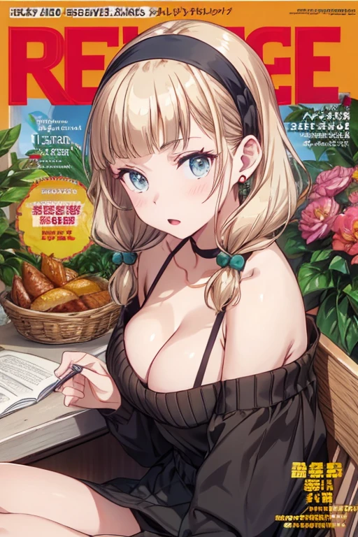 (small breasts:1.3), (perky chest:1.1), (pointed chest:1.0), (fashion magazine cover:1.3),(from below:1.0),(from side:0.9),masterpiece, 1girl, Amazing Cleavage:1.1, thin waist, big ass, Raised sexy, small breast: 1.3, posed cleavage:1.2、solo, looking at viewer, open mouth, have a cute grass of cute beergrass,black hair, dark green eyes, dress, bare shoulders, jewelry, collarbone, sidelocks, hairband, earrings, indoors, off shoulder, :o, sweater, arms behind back, plant, short hair with long locks, gild hairband, off-shoulder dress, sweater dress, off-shoulder sweater, red sweater, dark gord hair, big side hair, very long side hair,is rendered in (masterpiece: 1.2, best quality), with (ultra high resolution) and an exquisite (depth of field). This masterpiece is not only visually stunning but also tells,A scene of cooking in the kitchen by classroom