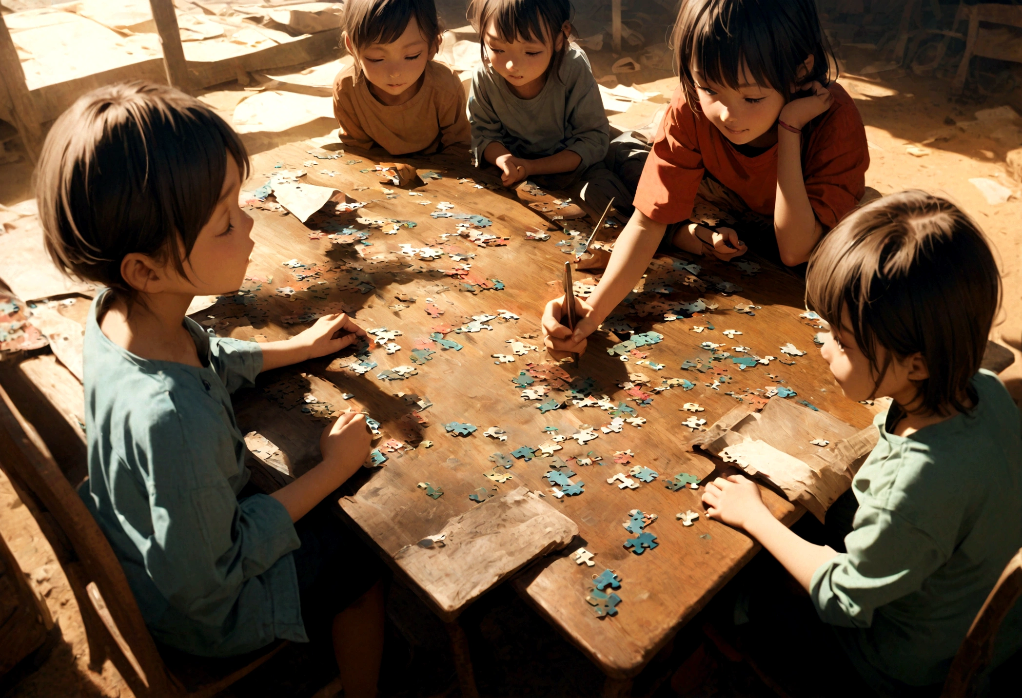 A photo of a group of children sitting around a table, with puzzles placed before them.