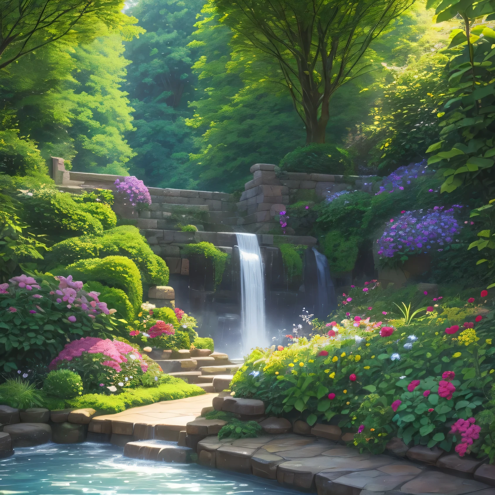 A fantasy garden, there is a beautiful bench surrounded by various vibrant flowers. The flowers are in full bloom, filling the garden with a riot of colors. Each flower is meticulously detailed and displays delicate petals and intricate patterns. The garden is further adorned with a fascinating waterfall that falls from the rocks with an elegant flow. The water sparkles in the sunlight, creating a magical atmosphere. A stunning masterpiece, this scene is captured in high-resolution 8k, ensuring every detail is preserved with utmost clarity. The colors are vivid and vibrant, evoking a sense of enchantment and wonder. The lighting is carefully crafted and illuminates the garden with a soft, warm glow. With no people in sight, the bench quietly stands as a welcoming place, offering a serene and tranquil space to immerse yourself in the beauty and serenity of nature.