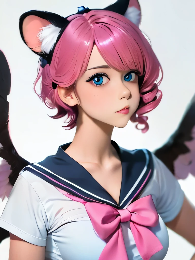 skistyle, 1girl, solo, pink hair, animal ears, blue eyes, wings, looking at viewer, mole, bangs, short hair, bow, sailor collar, simple background, white sailor collar, mole under mouth, hair bow, pink bow, closed mouth, shirt, white shirt, bear ears, bob cut, mini wings, grey background, portrait, detached wings, makeup, upper body, white background