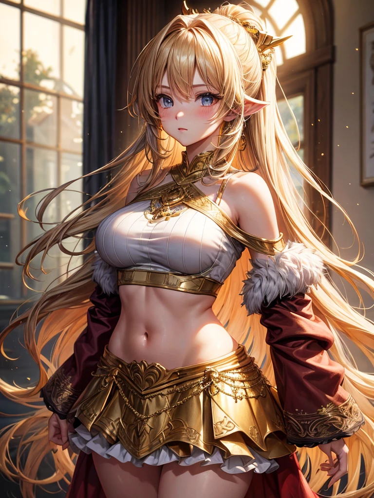 HDR , masterpiece , high quality , ultra details , best quality , standing , long hair , golden hair , nice breast , off shoulder crop top , skirt , soft light , blush