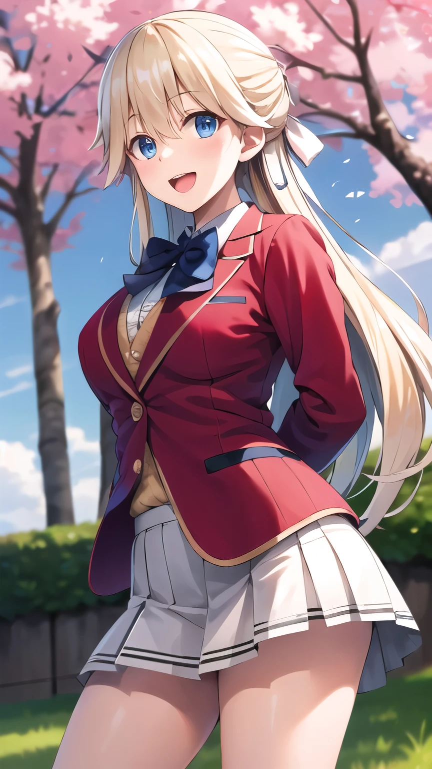 masterpiece, best quality, highres, 1girl, solo, long hair, blonde hair, hair ribbon, bangs, blue eyes, blue bowtie, collared shirt, blazer, red jacket, long sleeves, pleated skirt, white skirt, smile, open mouth, standing, cowboy shot, leaning forward, arms behind back, outdoors, cherry blossoms,